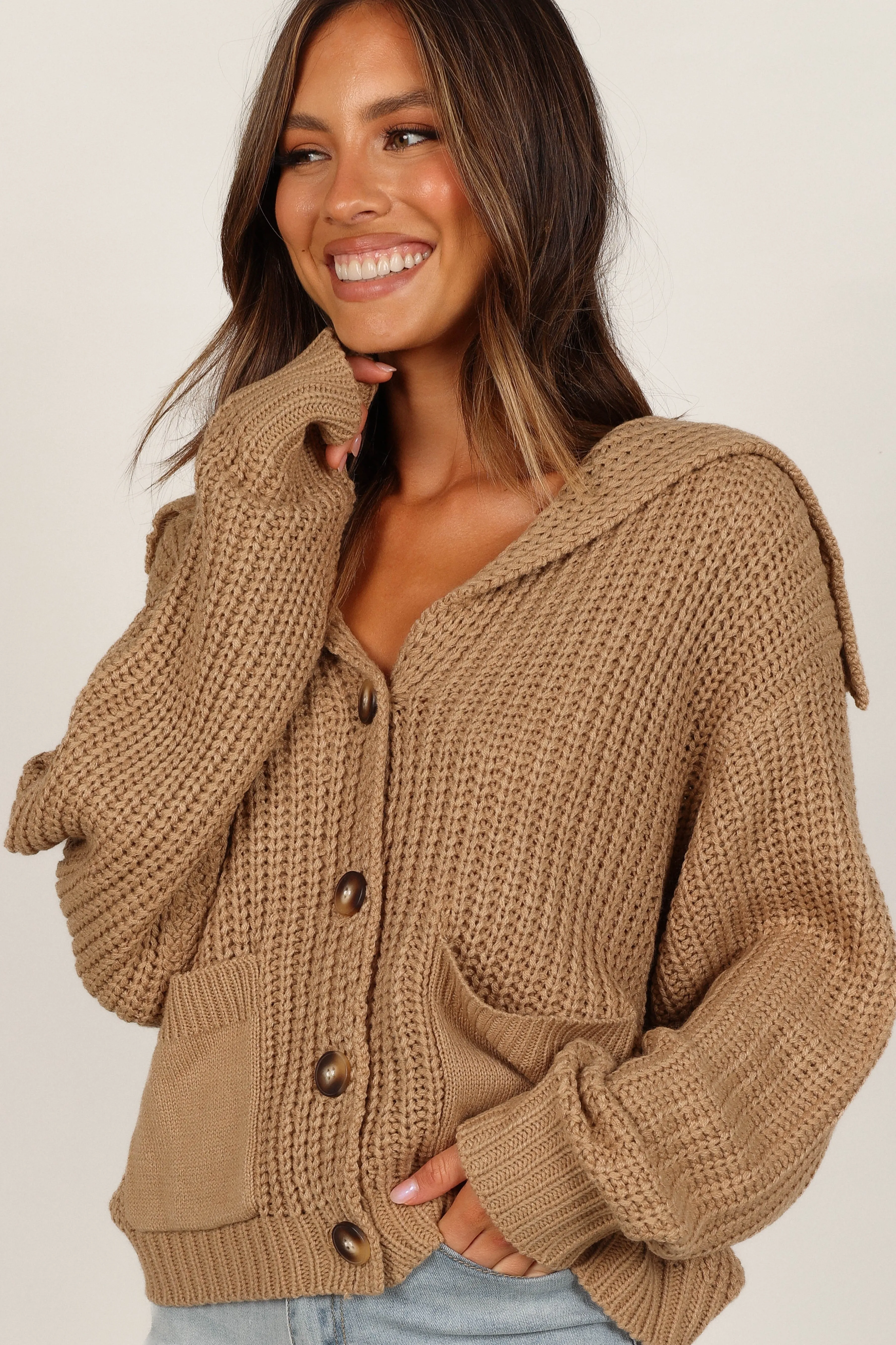 Petal & Pup Amelia Oversize Collar Button Cardigan - Camel Online