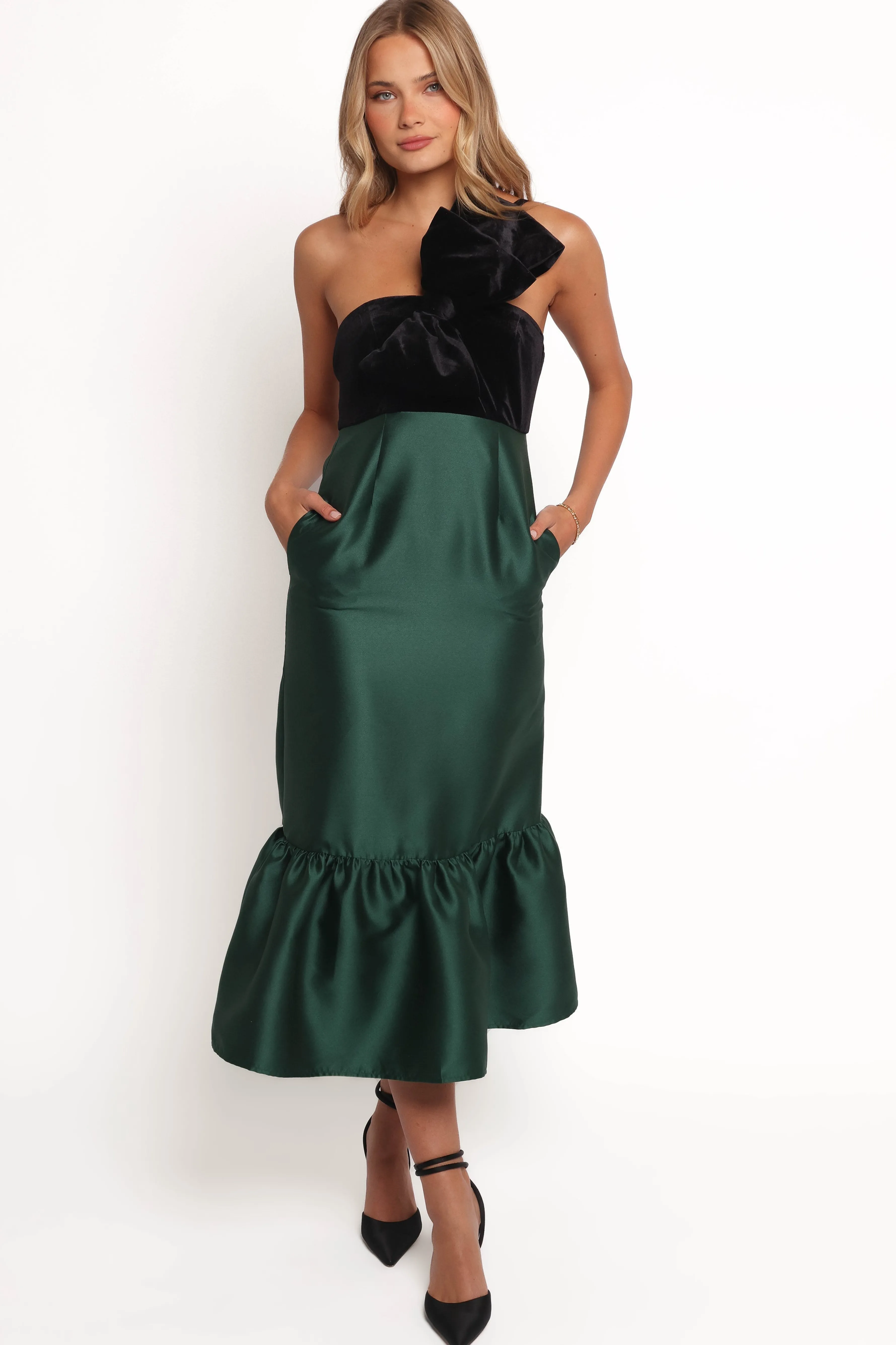 Petal & Pup Amelie Bow Front One Shoulder Midi Dress - Black/Emerald Black/Emerald Best