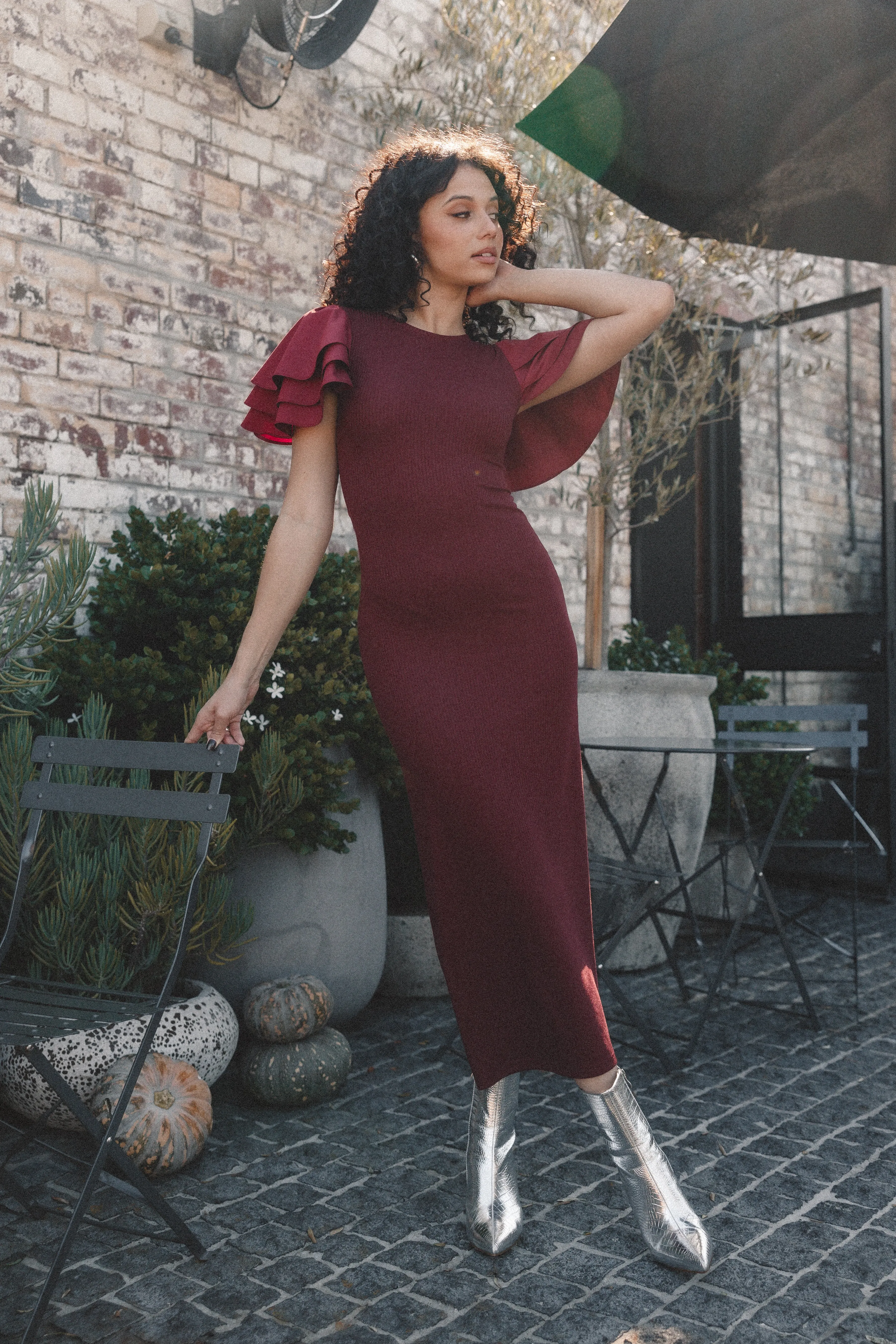 Petal & Pup Cally Ruffle Sleeve Midi Dress - Wine Outlet