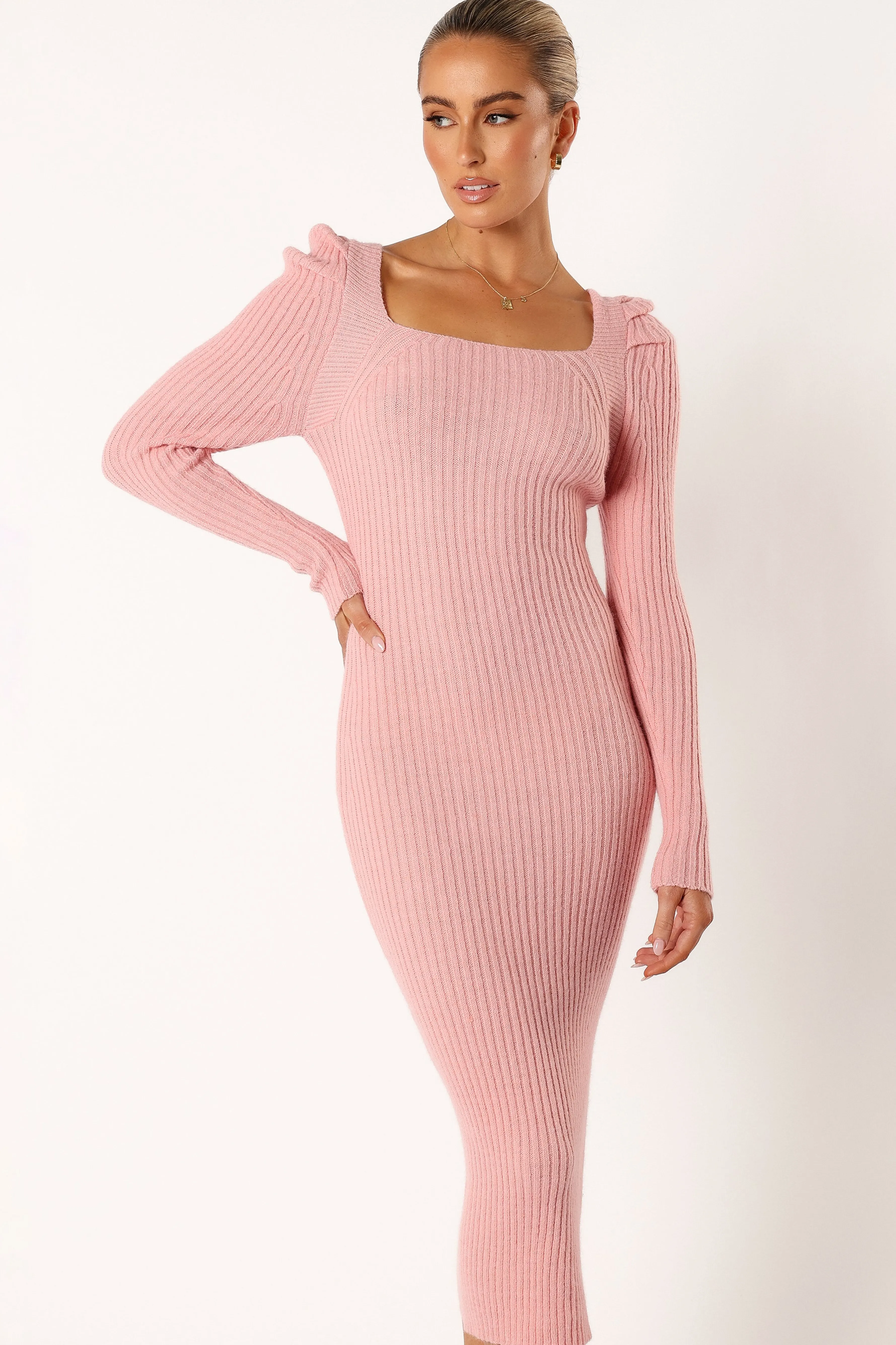 Petal & Pup Camryn Puff Sleeve Knit Sweater Midi Dress - Blush Shop