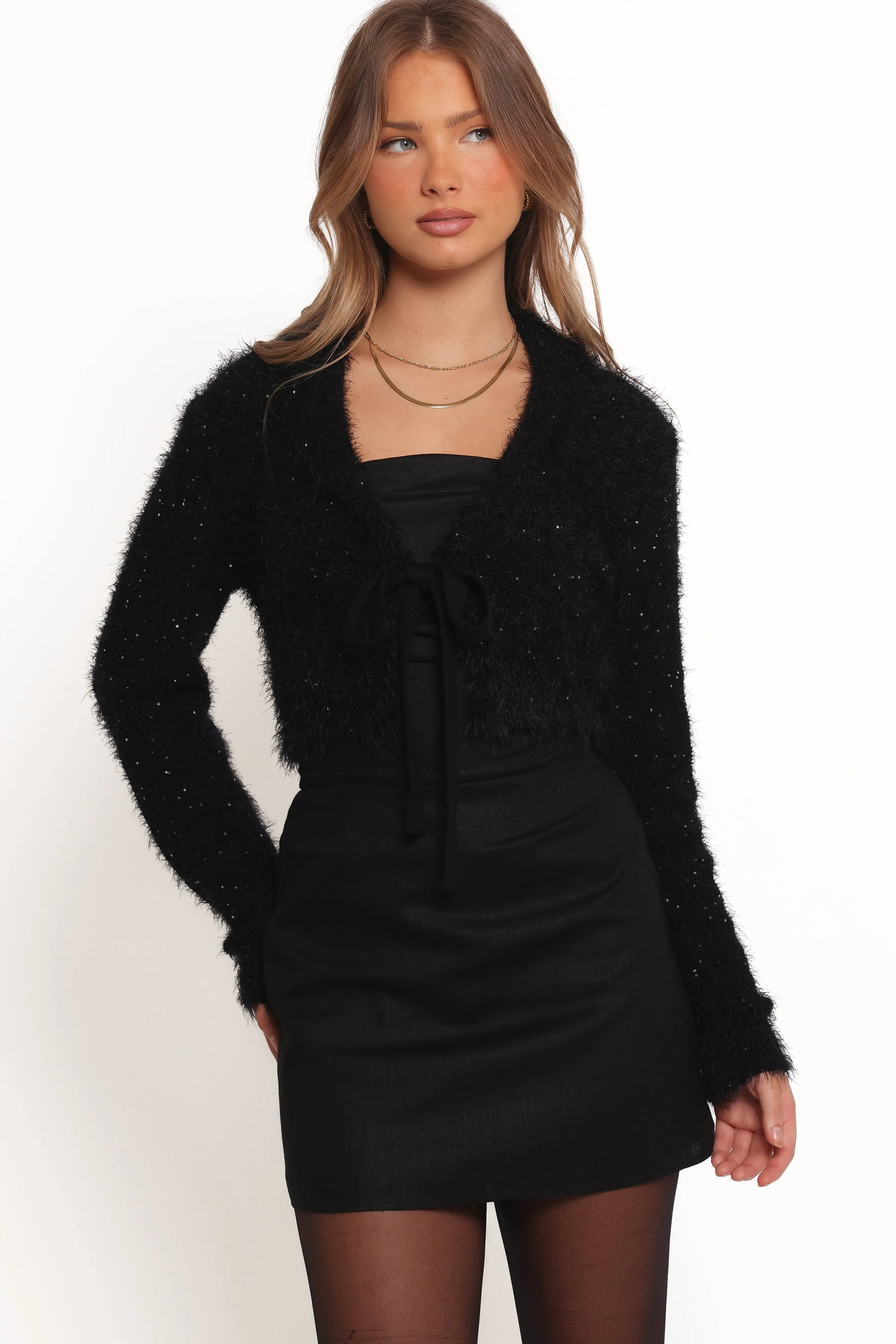 Petal & Pup Capra Fuzzy Tie Front Cardigan - Black Outlet