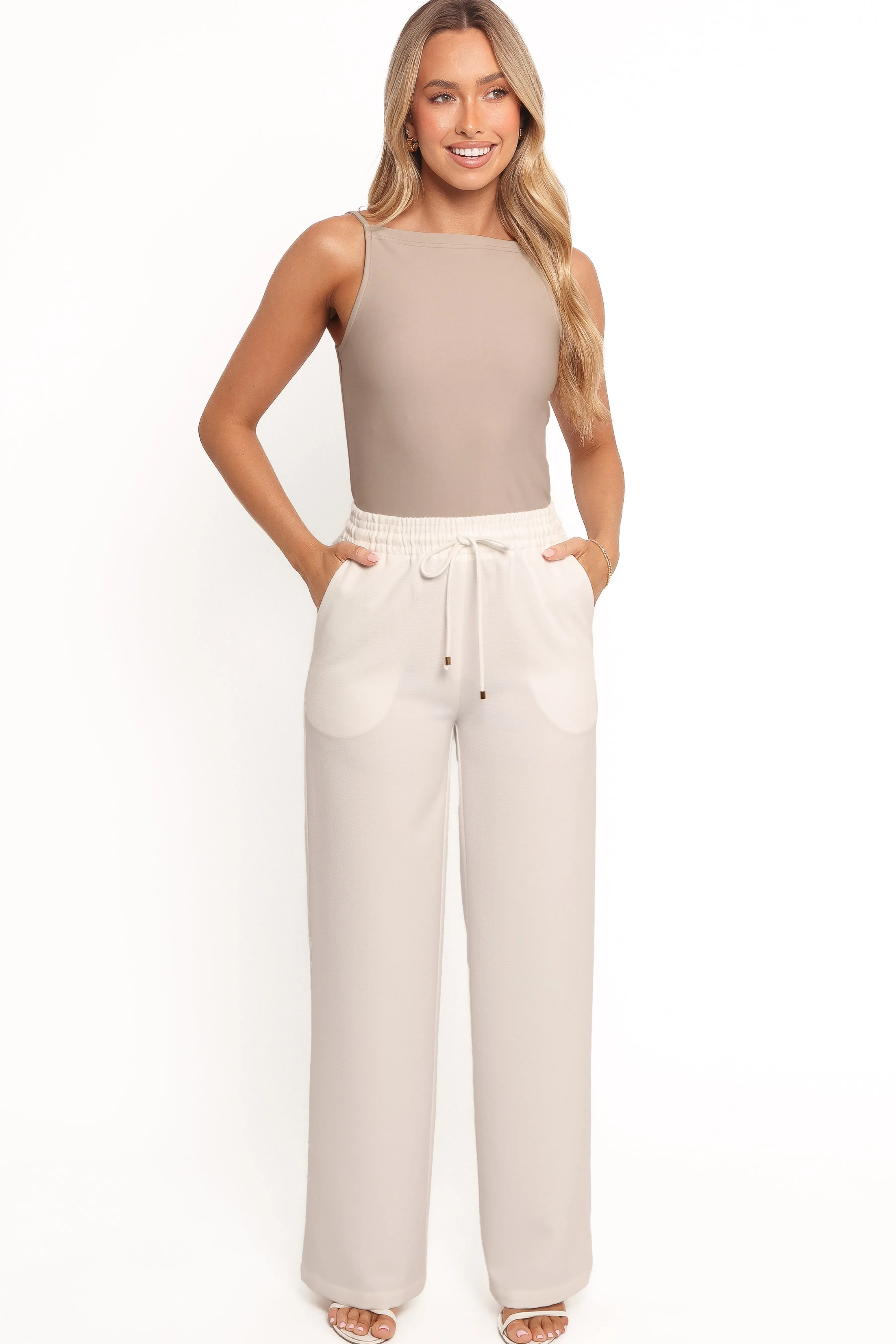 Petal & Pup Cinch Wide Leg Crepe Pant - White Cheap