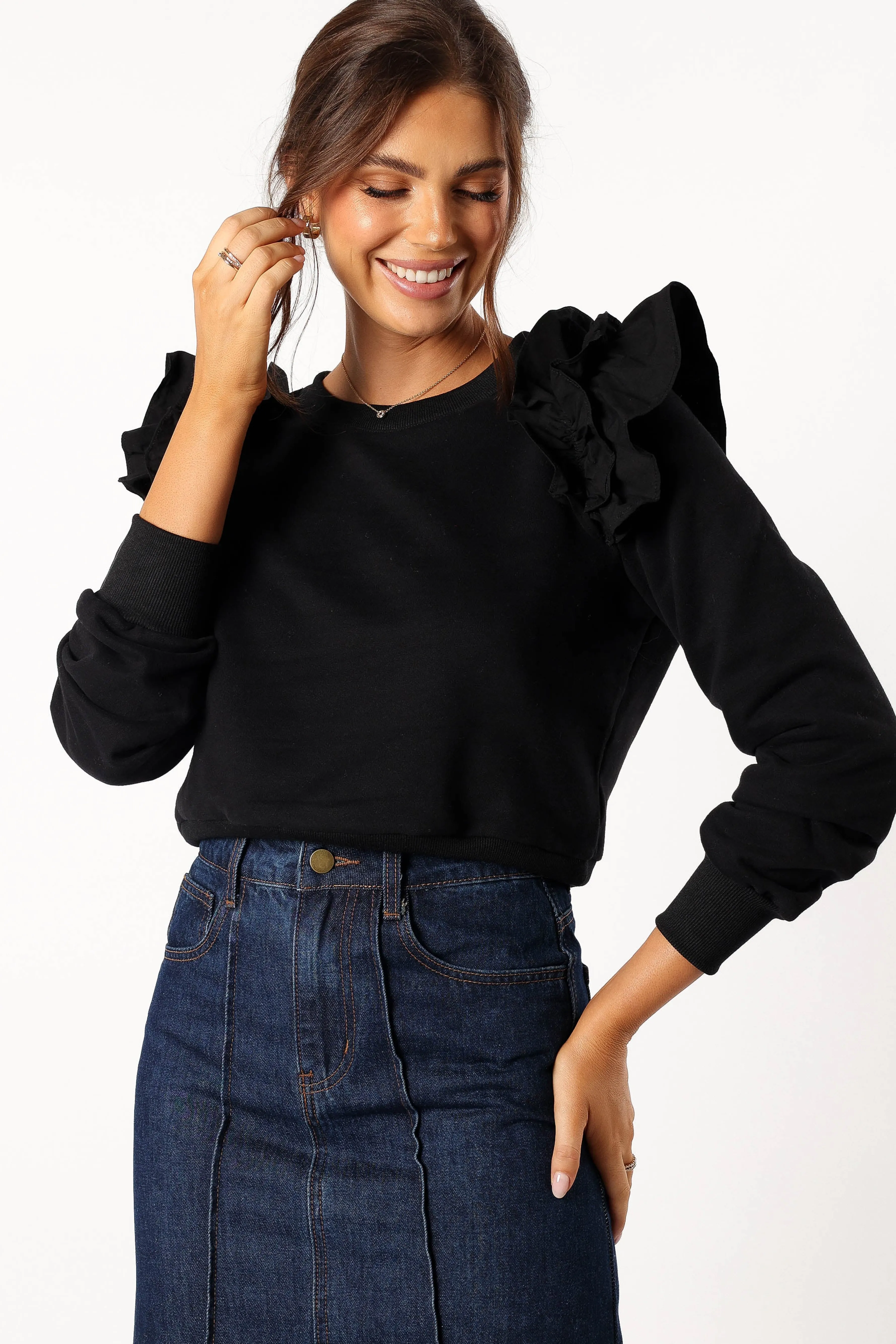 Petal & Pup Cora Ruffle Sleeve Sweatshirt - Black Sale