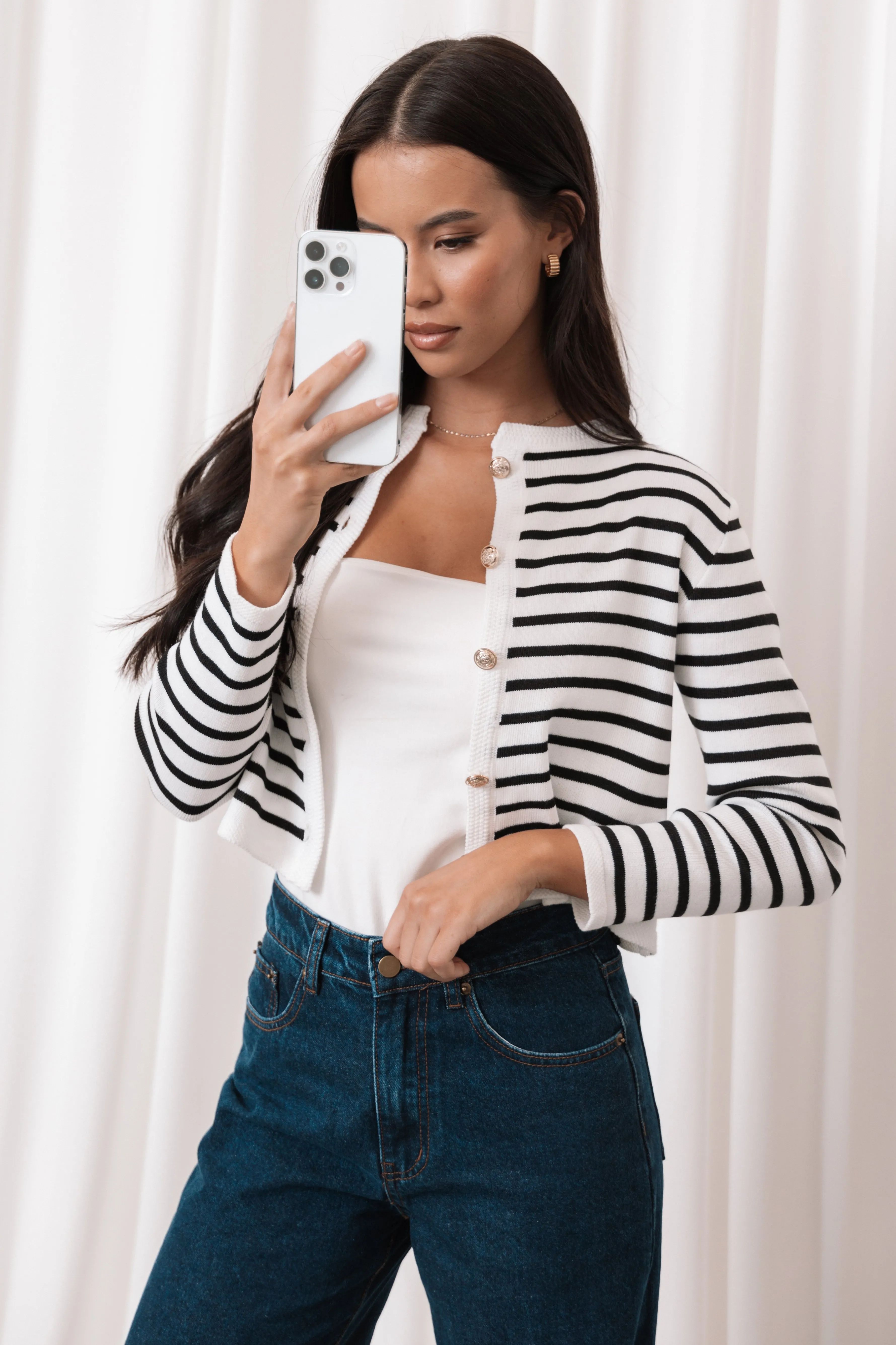 Petal & Pup Cynthia Striped Button Front Cardigan - Black/Cream Black/Cream Online