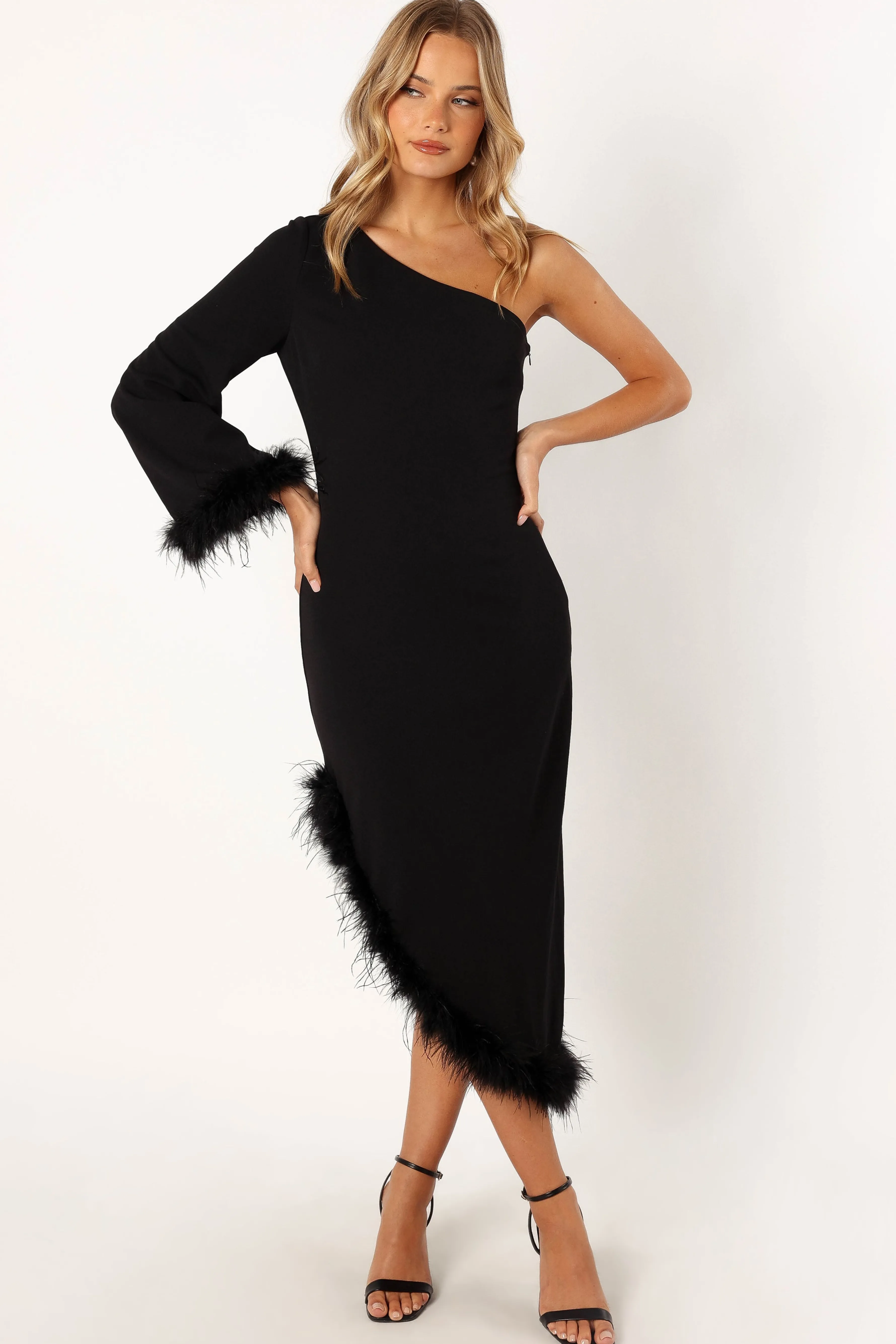 Petal & Pup Dame One Shoulder Feather Midi Dress - Black Flash Sale