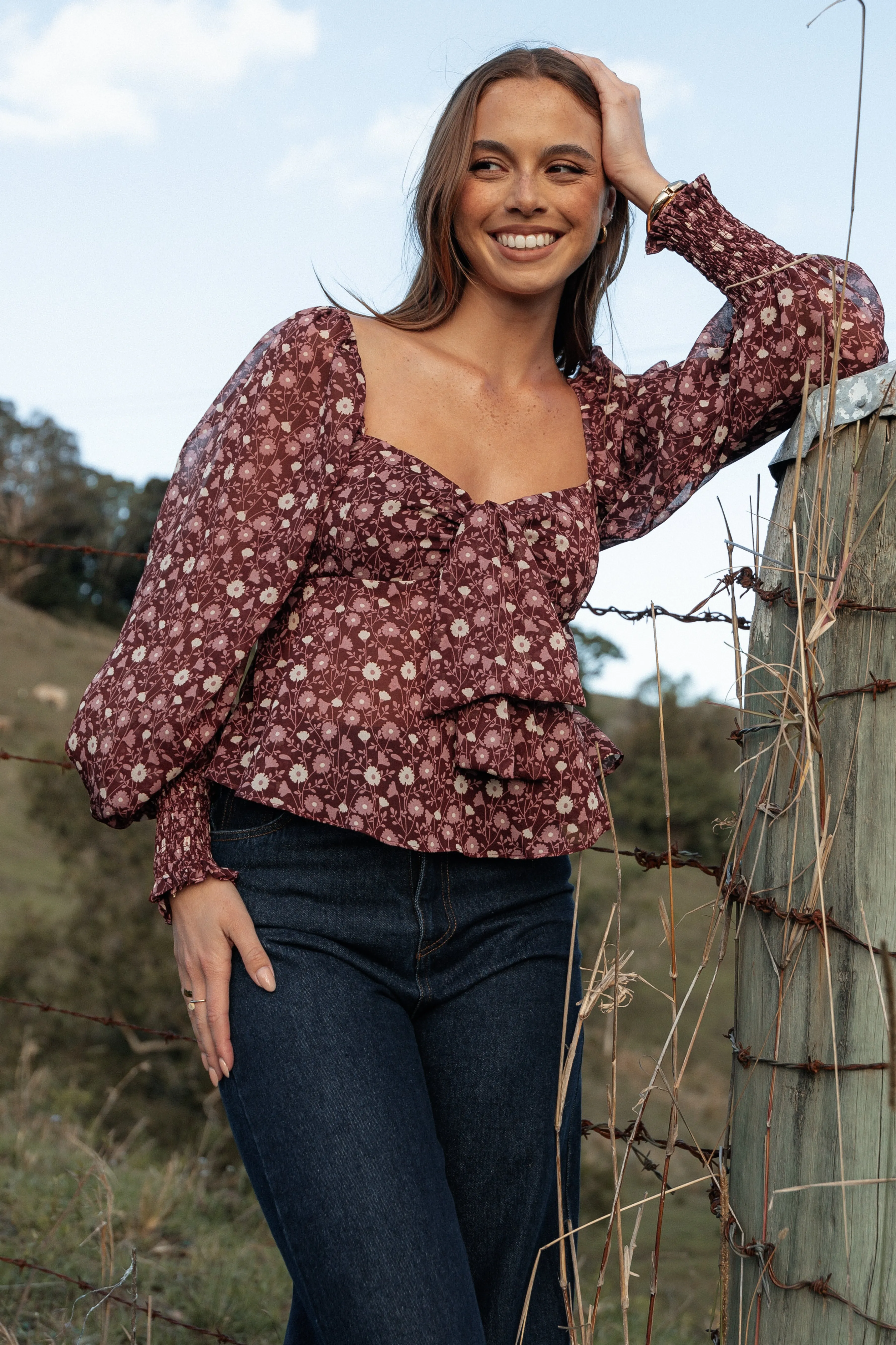 Petal & Pup Darrie Long Sleeve Top - Burgundy Multi BurgundyMulti Flash Sale