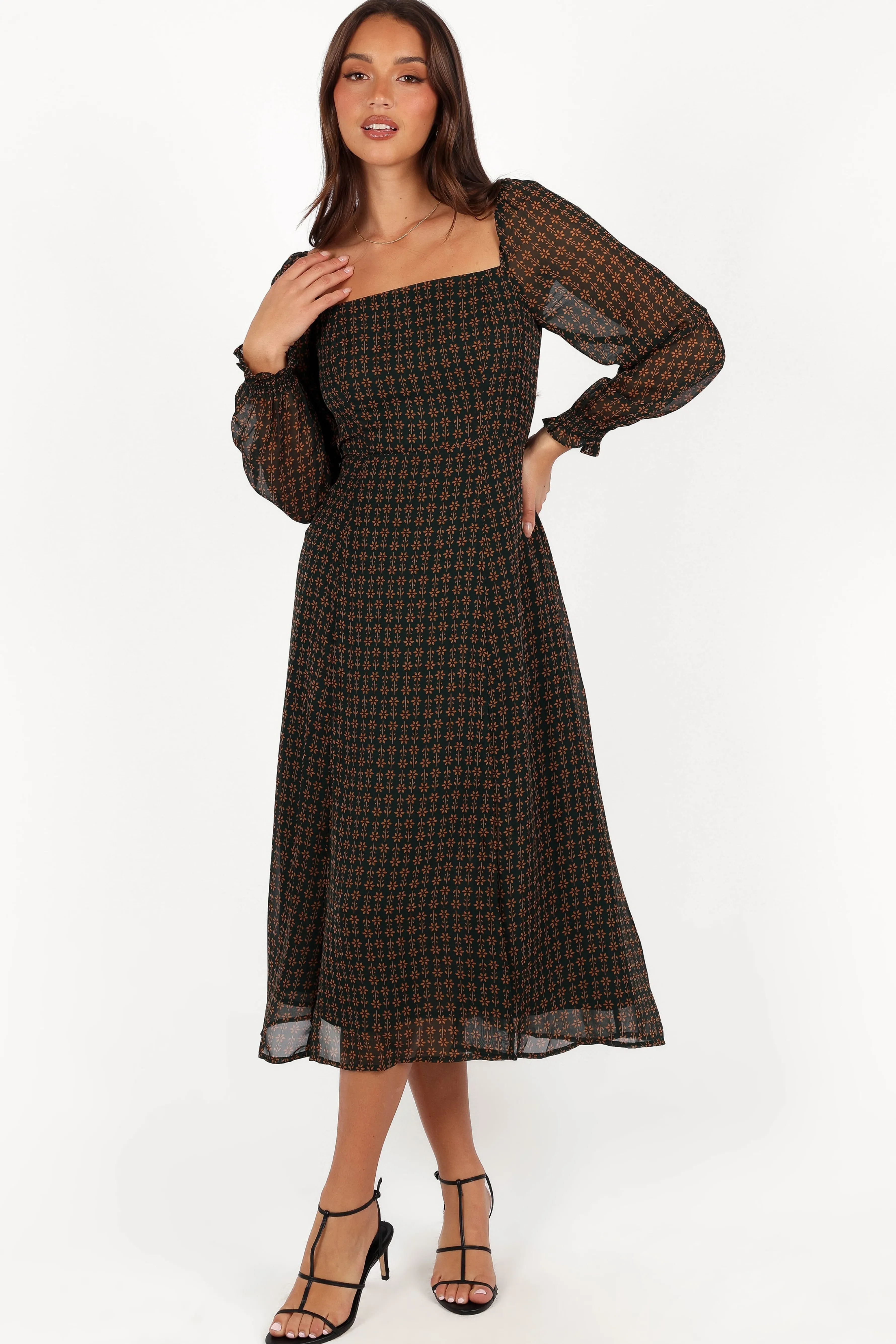 Petal & Pup Ettie Long Sleeve Midi Dress - Pine/Tan Pine/Tan Store