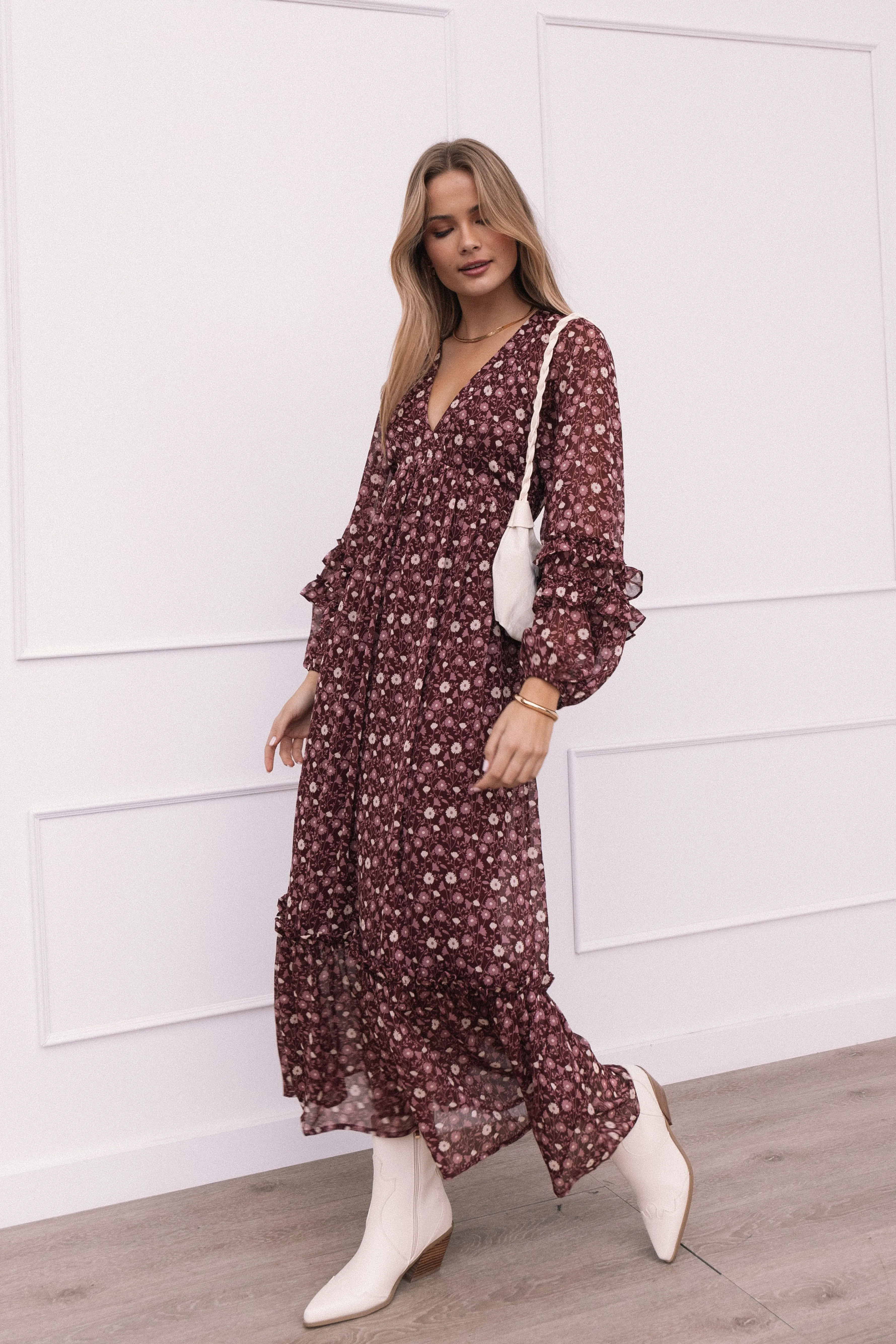 Petal & Pup Evian Long Sleeve Maxi Dress - Burgundy Multi BurgundyMulti Online