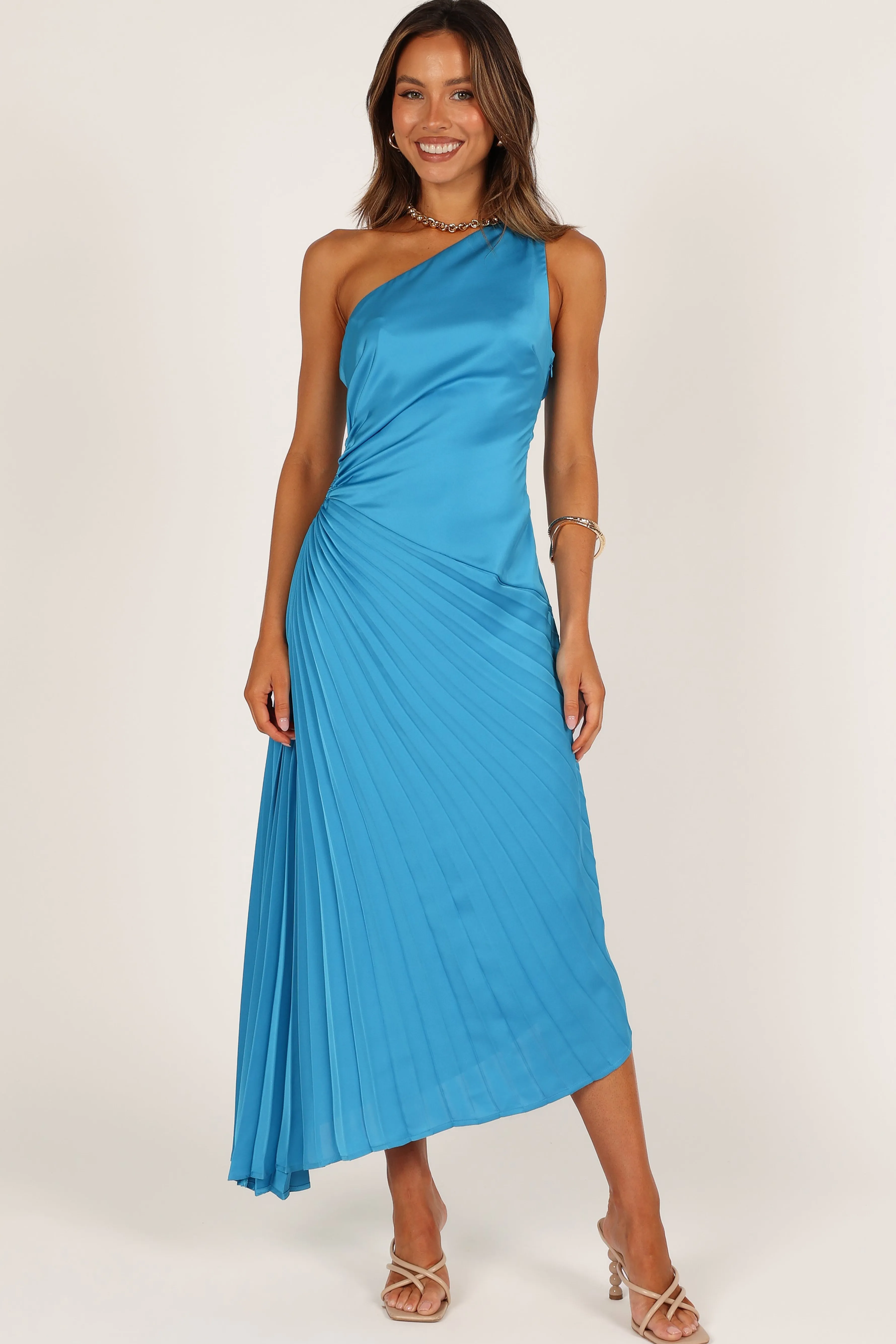 Petal & Pup Flin Pleated One Shoulder Midi Dress - Blue Shop