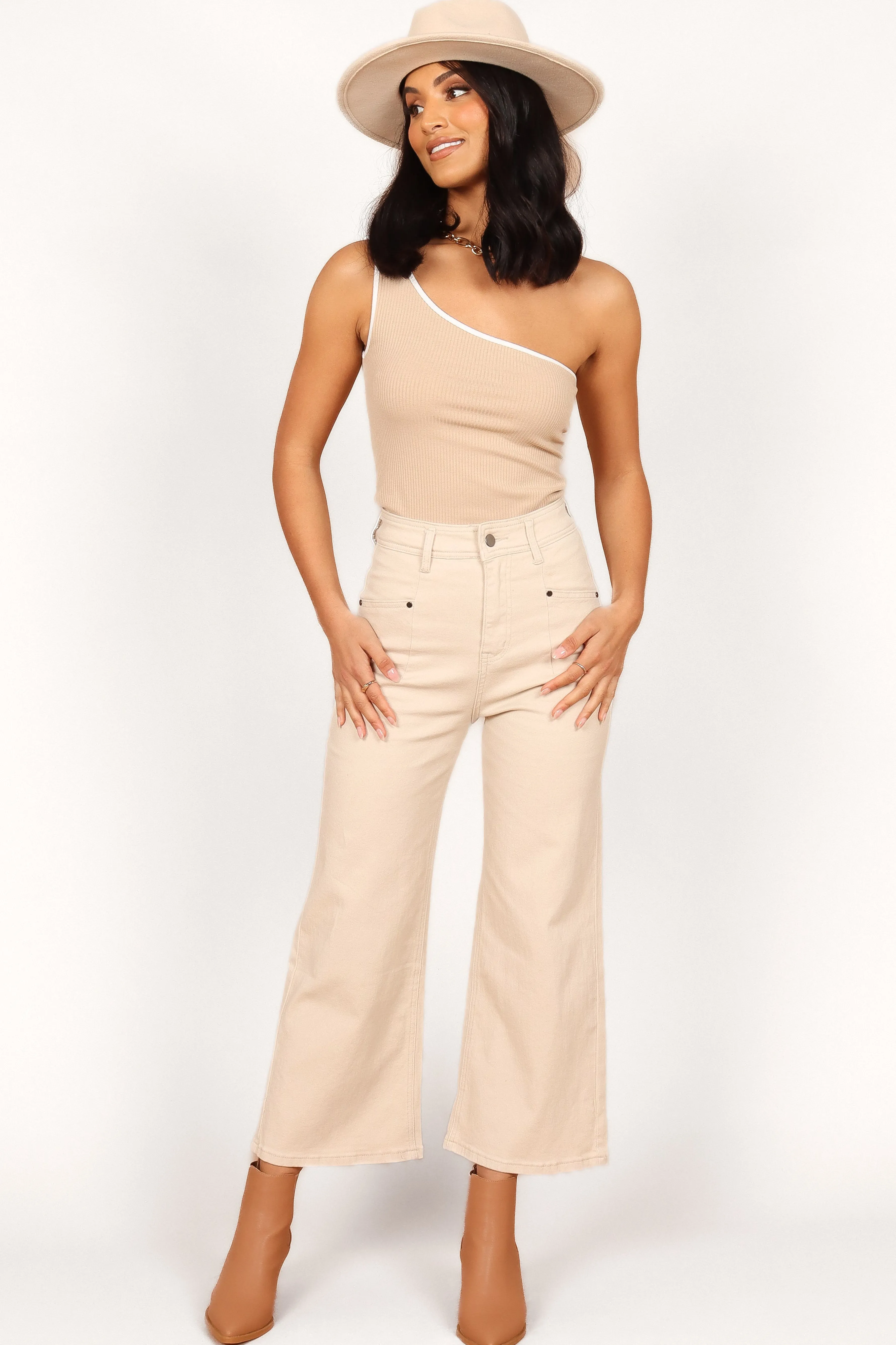 Petal & Pup Georgette High Waisted Straight Leg Pants - Beige Clearance