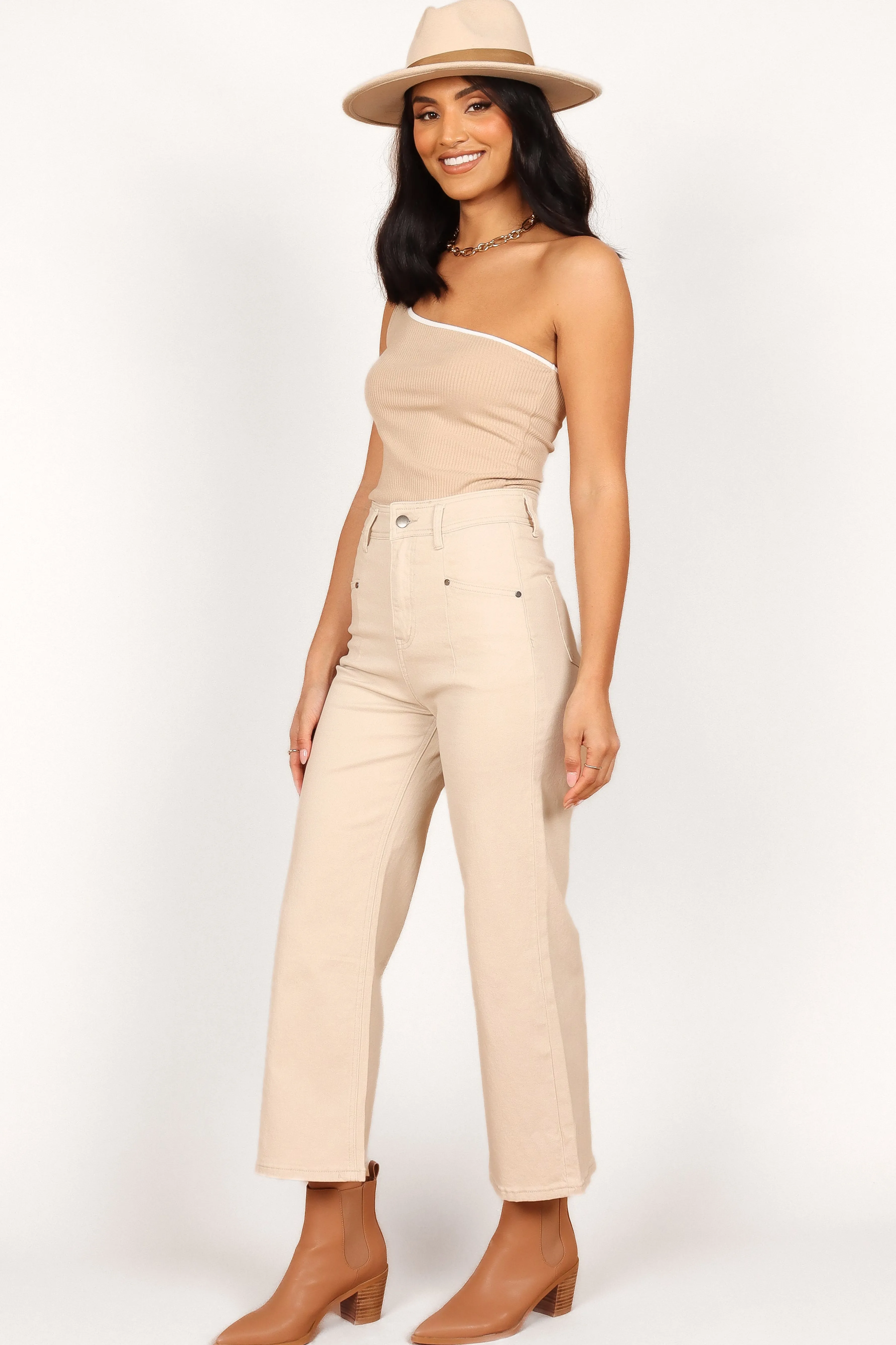 Petal & Pup Georgette High Waisted Straight Leg Pants - Beige Clearance