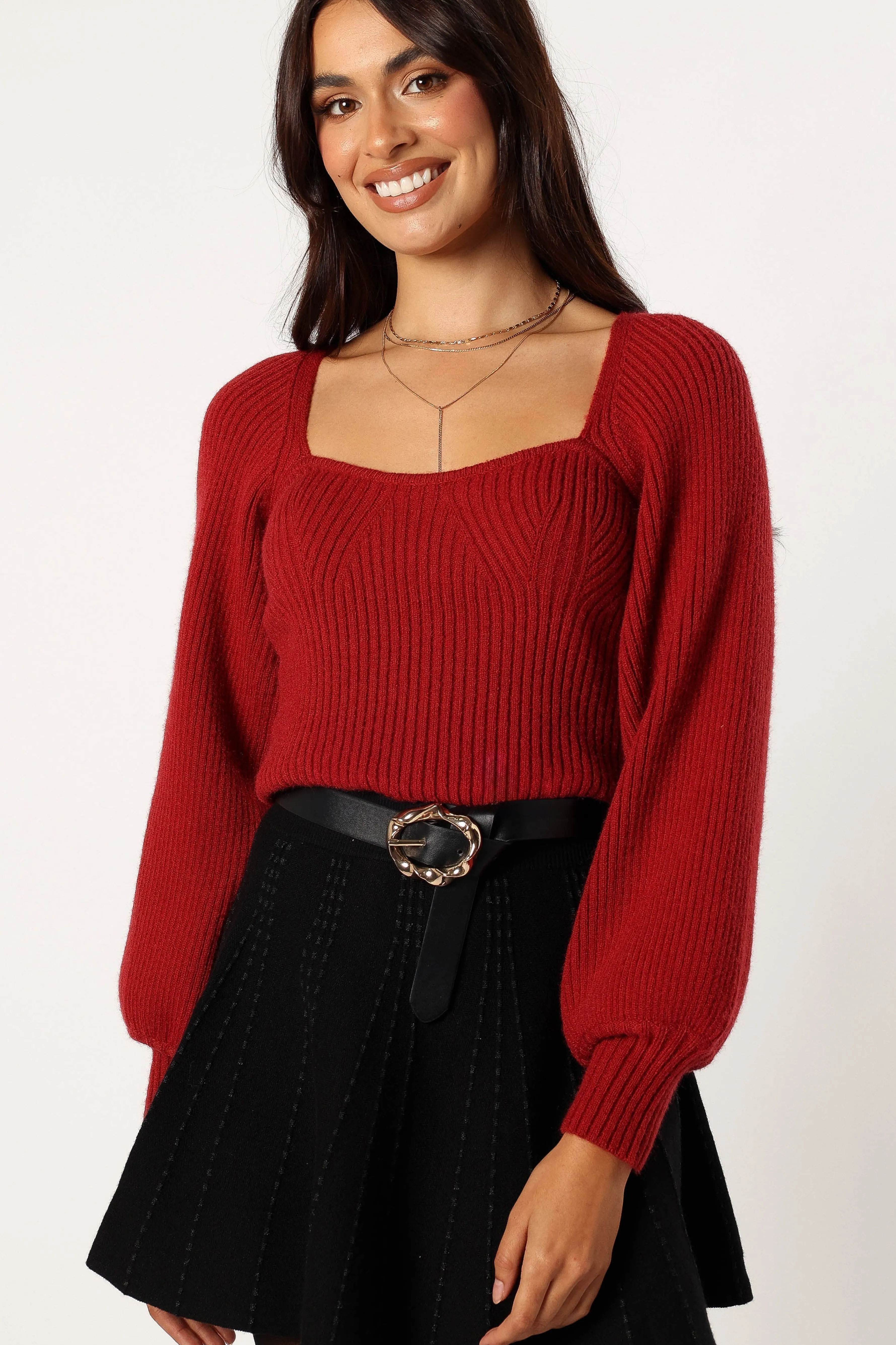 Petal & Pup Gia Sweetheart Neck Bell Sleeve Knit Sweater - Wine New