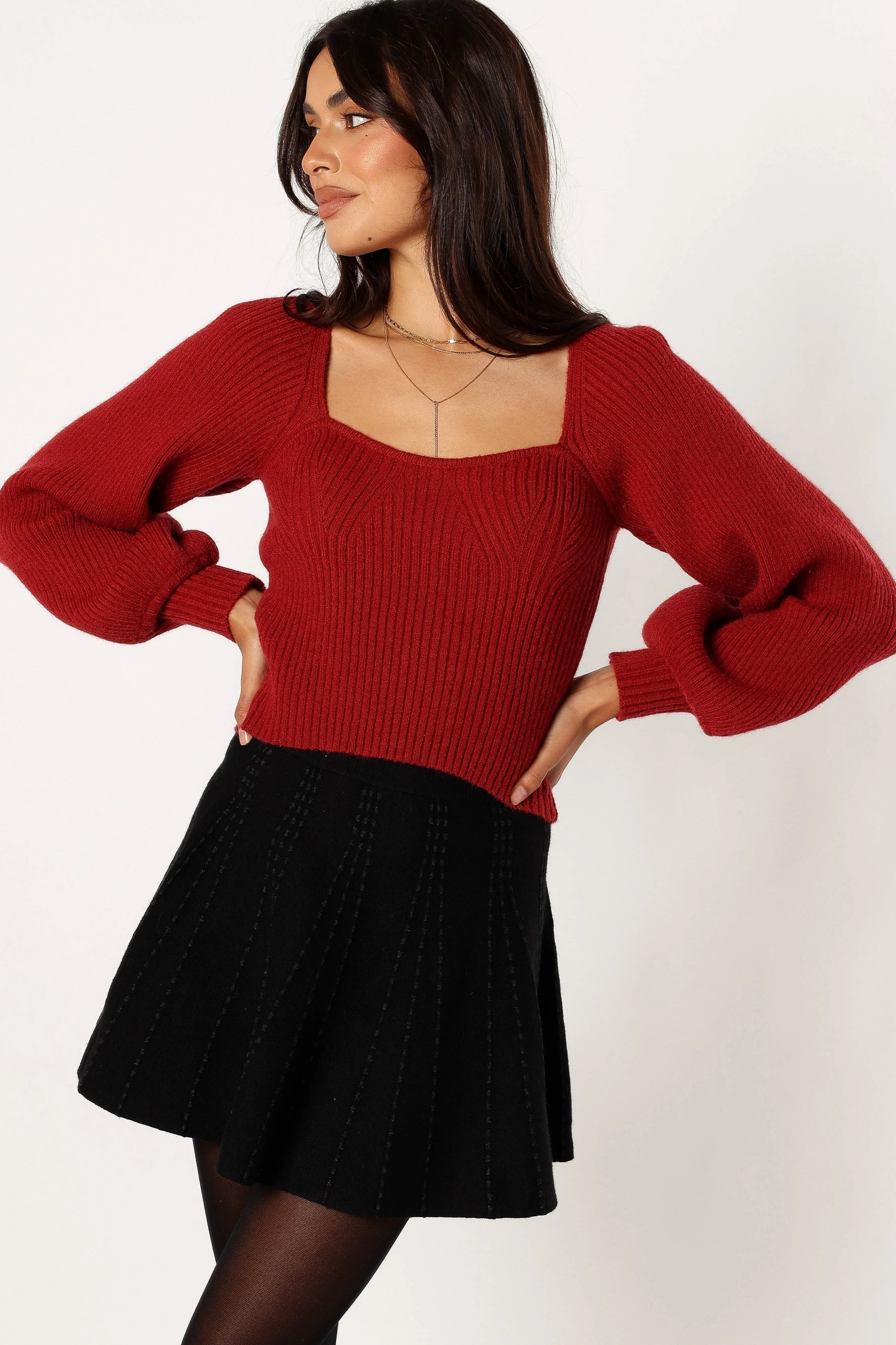 Petal & Pup Gia Sweetheart Neck Bell Sleeve Knit Sweater - Wine New