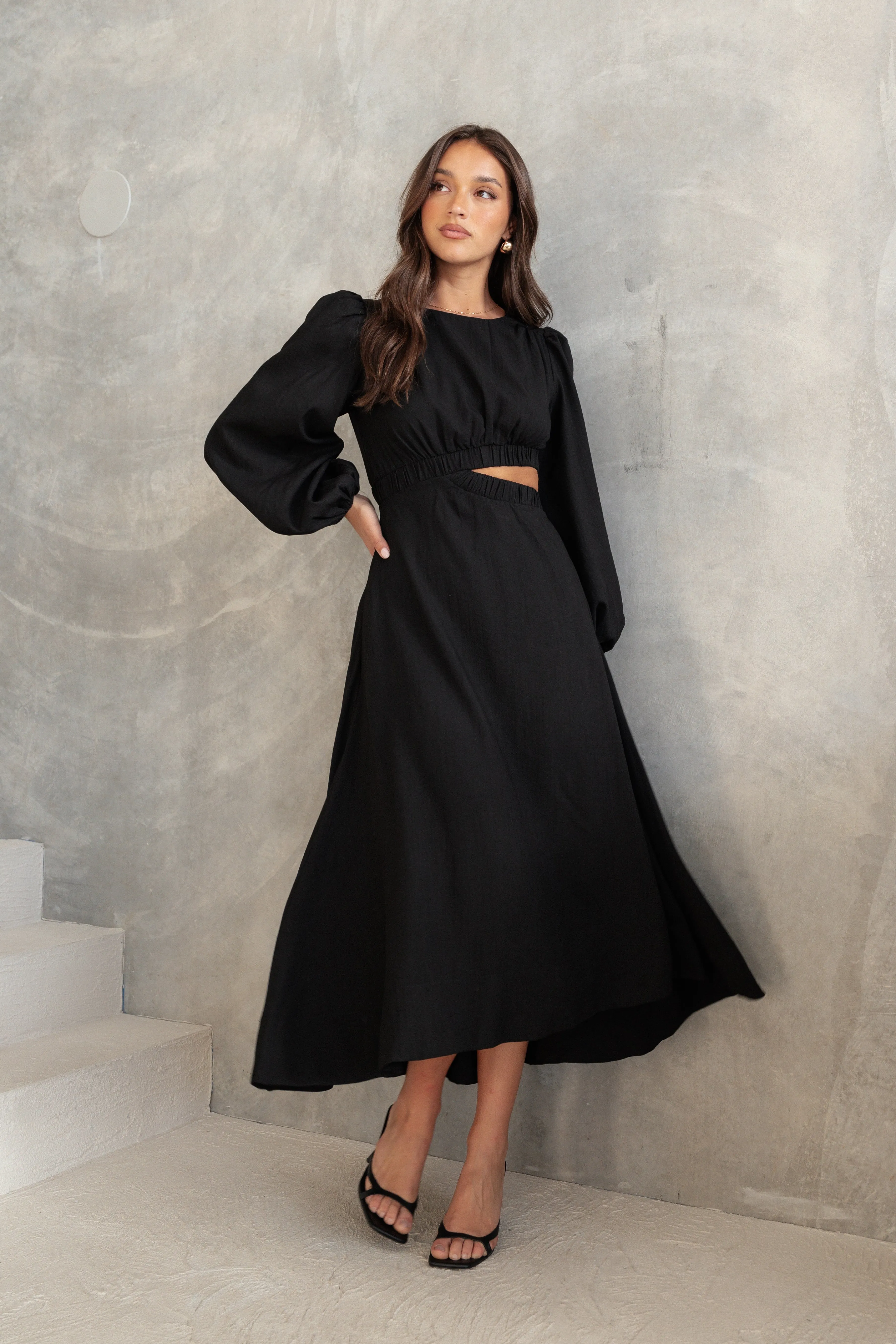 Petal & Pup Ginnee Puff Sleeve Cutout Midi Dress - Black Cheap