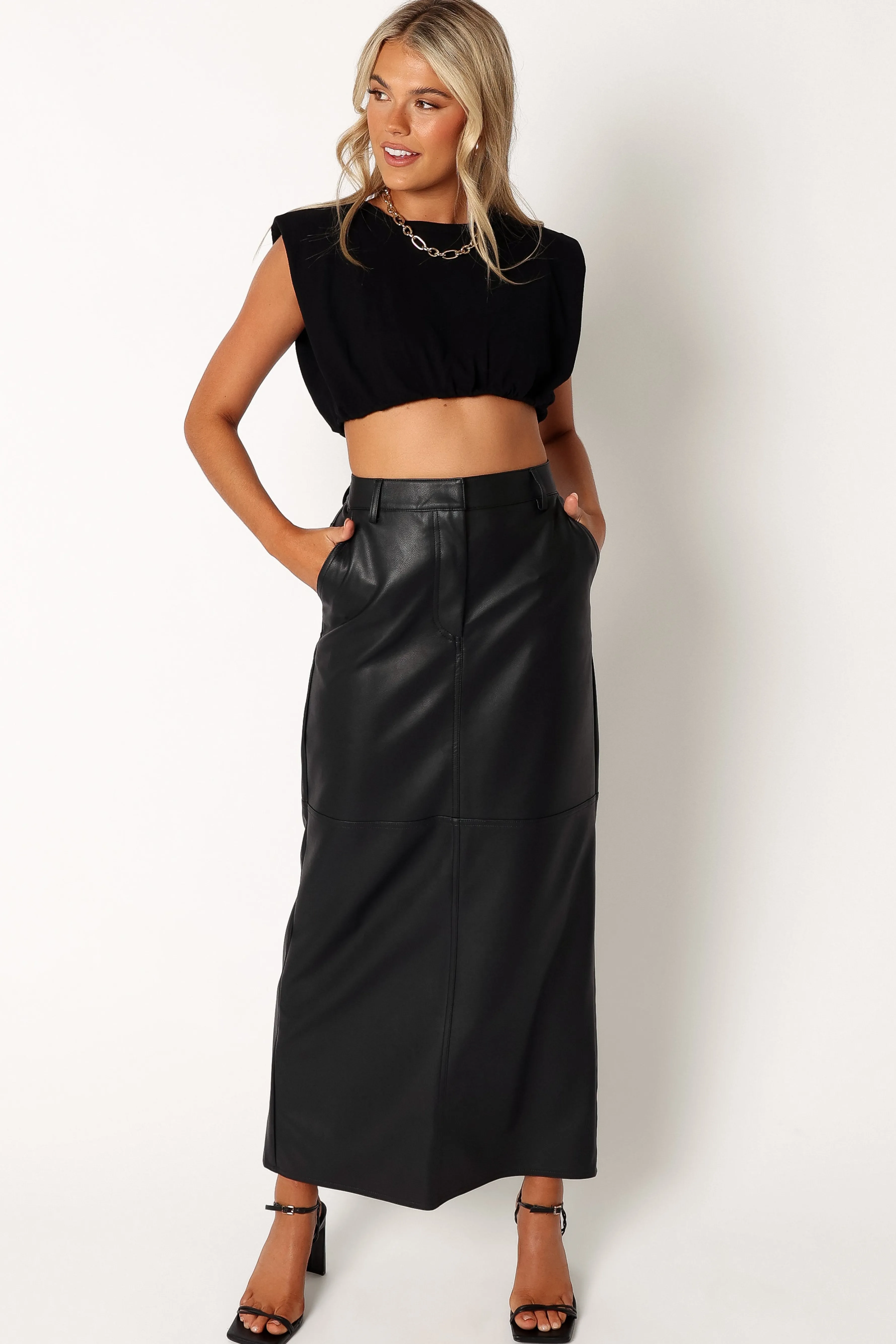 Petal & Pup Jade Vegan Leather Column Skirt - Black Best Sale