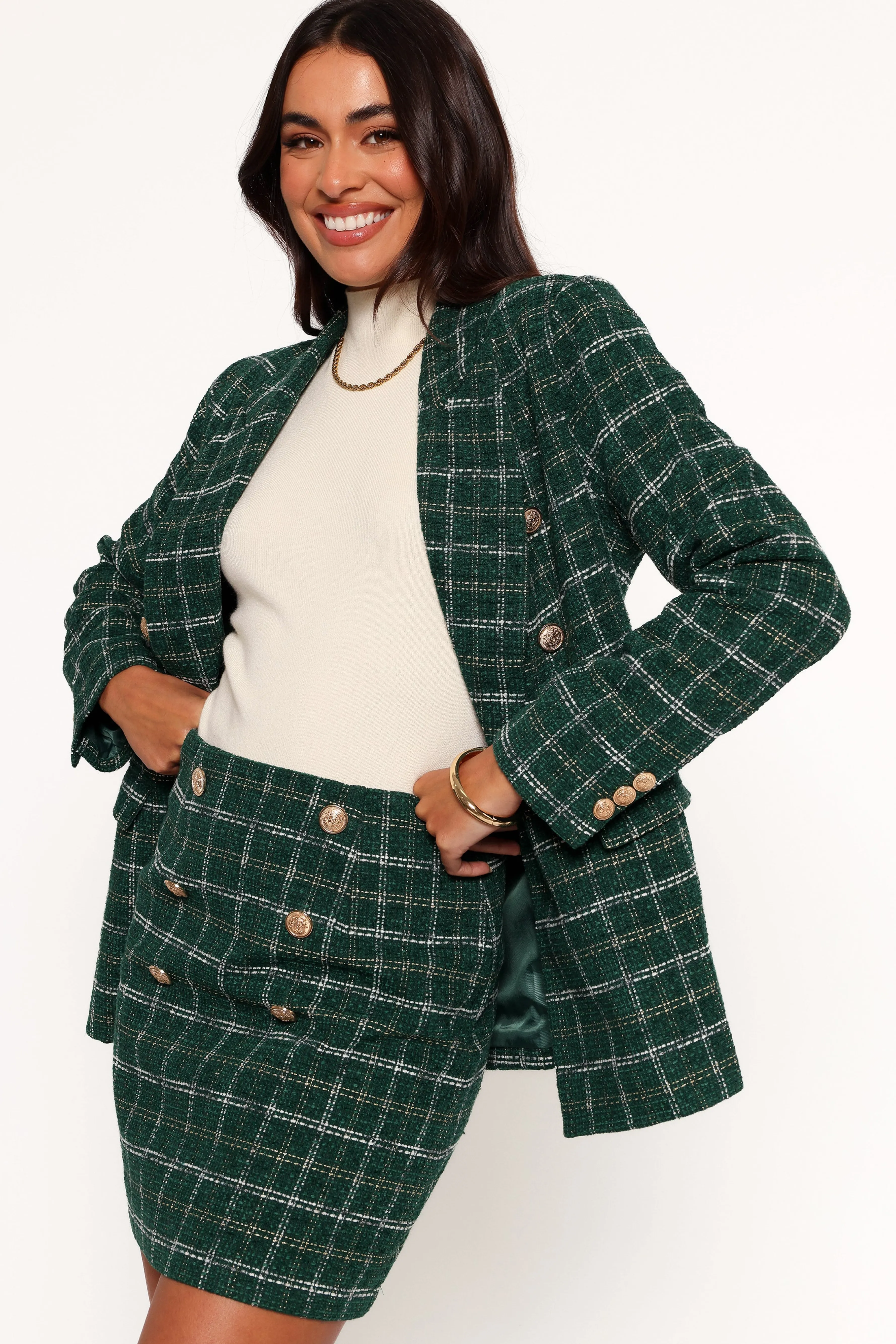 Petal & Pup Jules Twill Plaid Blazer - Green Outlet