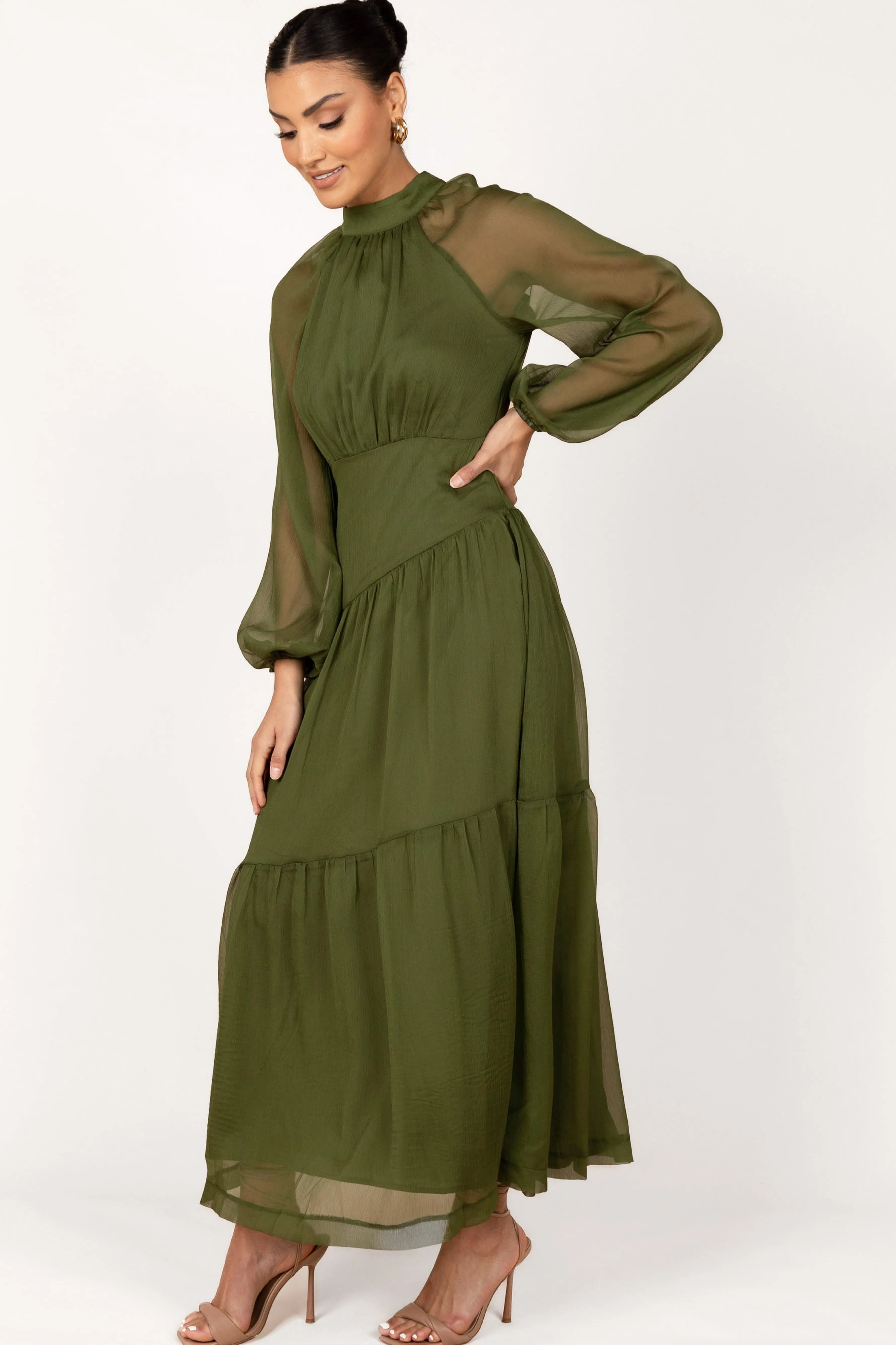 Petal & Pup Julip Sheer Long Sleeve Maxi Dress - Olive Shop