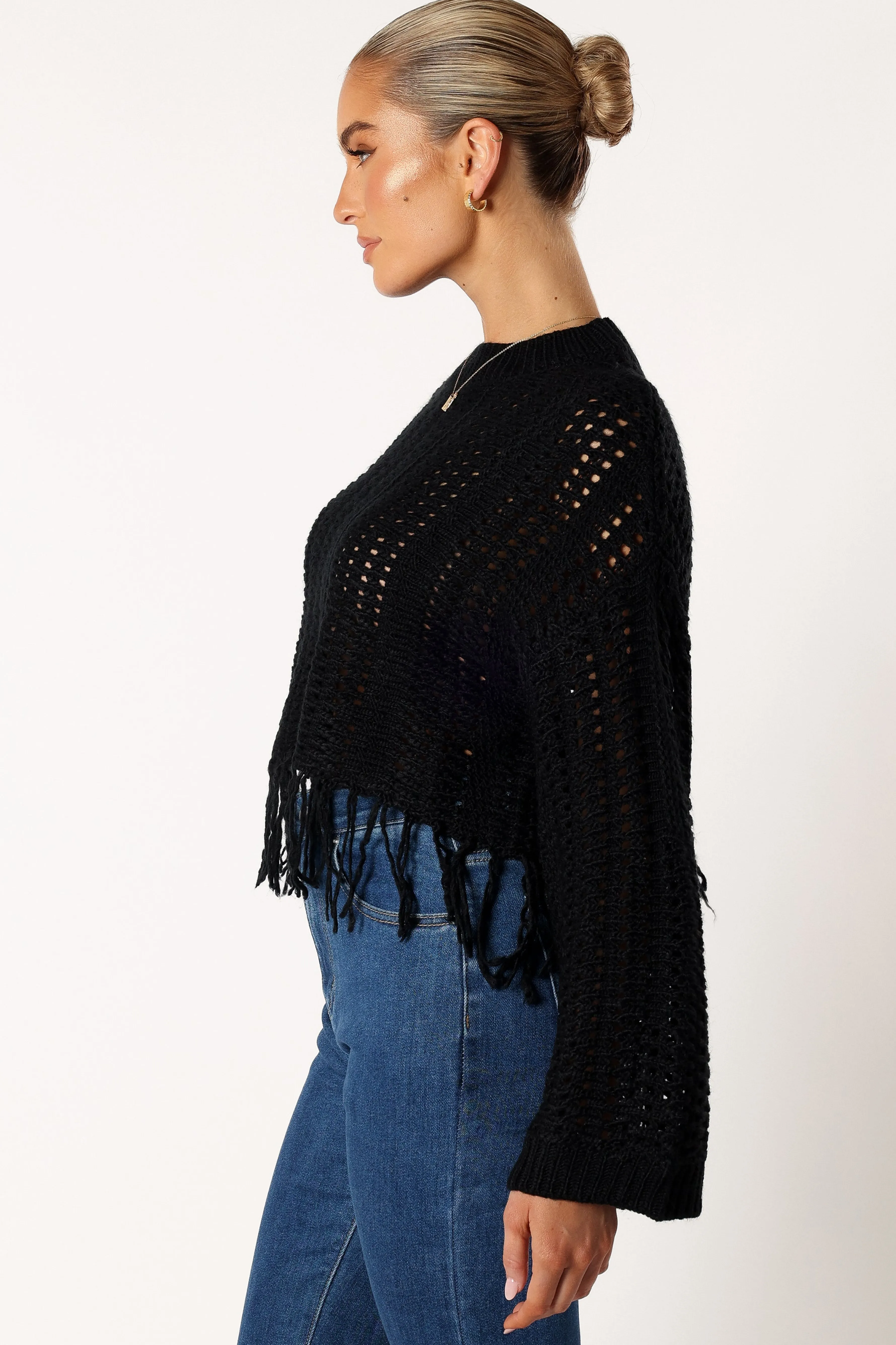 Petal & Pup Katalina Fringe Crop Knit Sweater - Black Best Sale