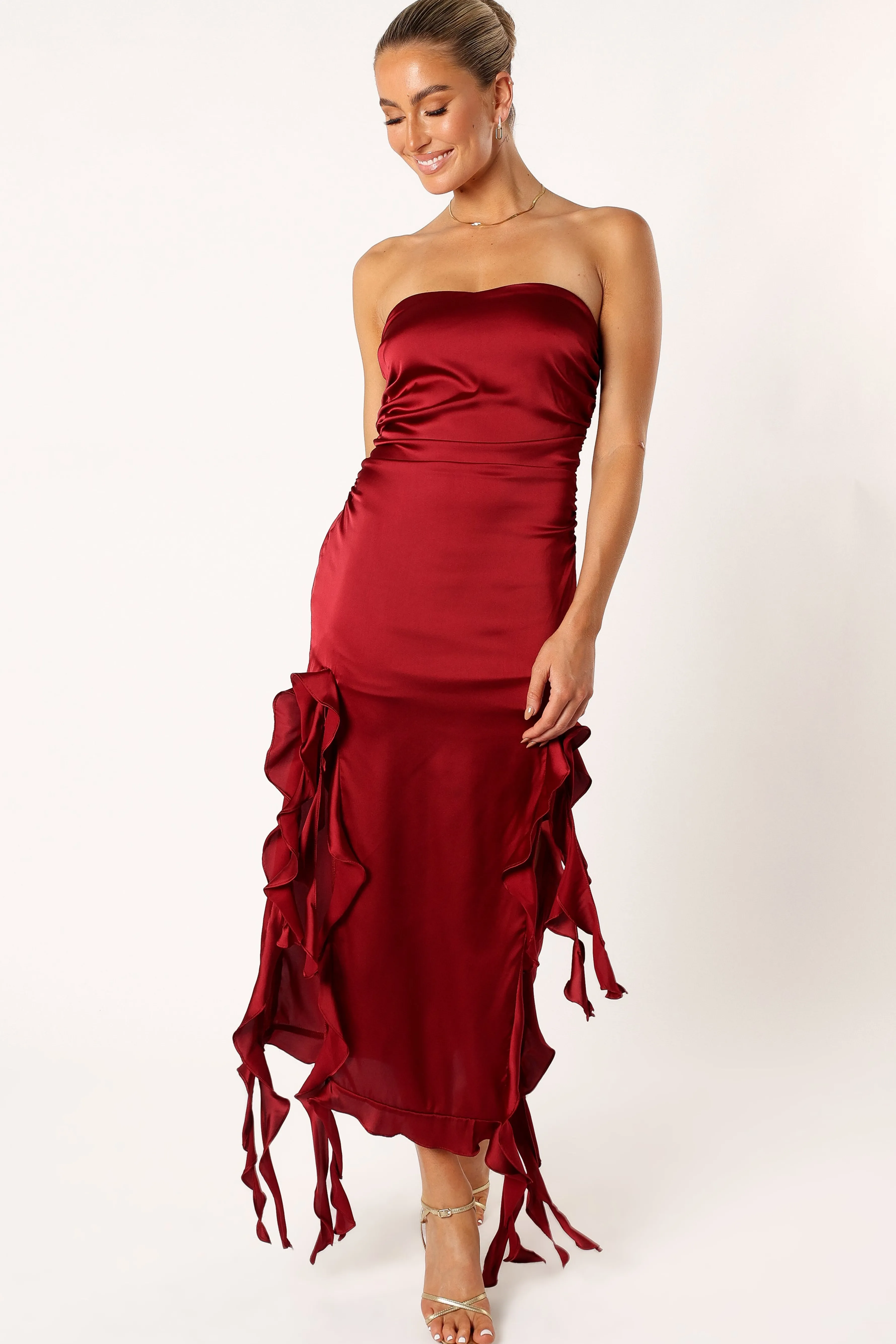 Petal & Pup Lee Strapless Midi Dress - Wine Online