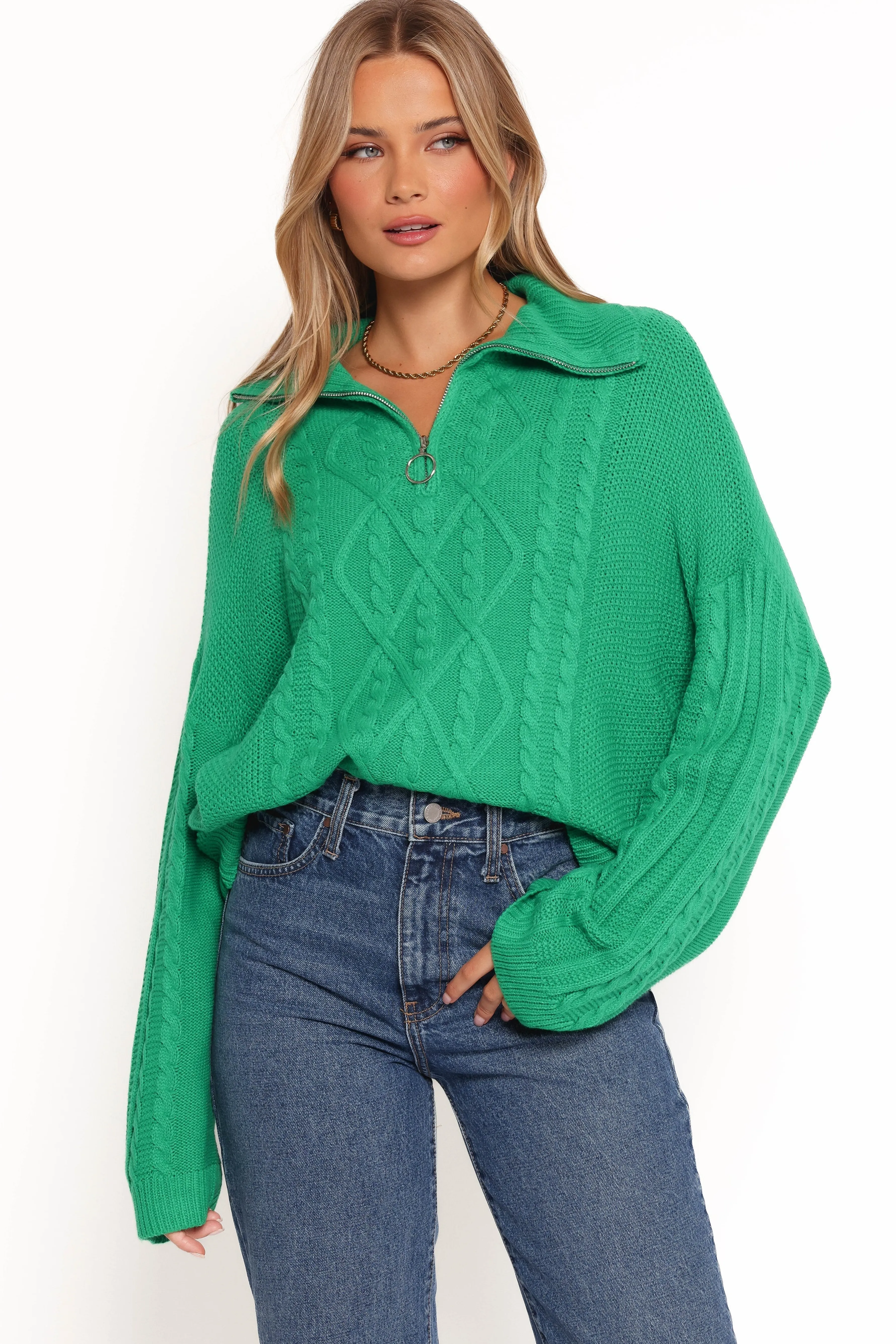 Petal & Pup Leon Quarter Zip Cable Knit Sweater - Green Cheap