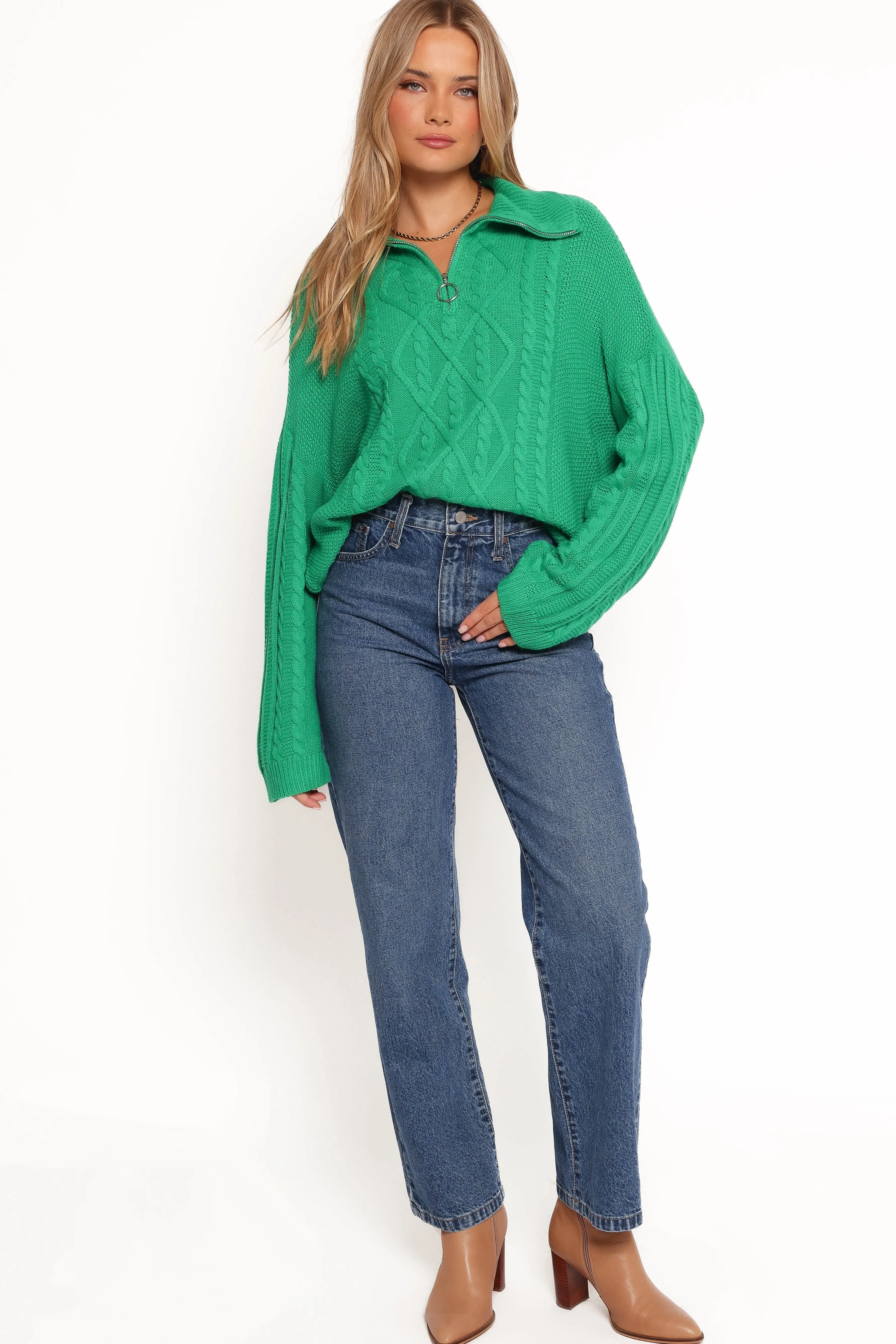 Petal & Pup Leon Quarter Zip Cable Knit Sweater - Green Cheap