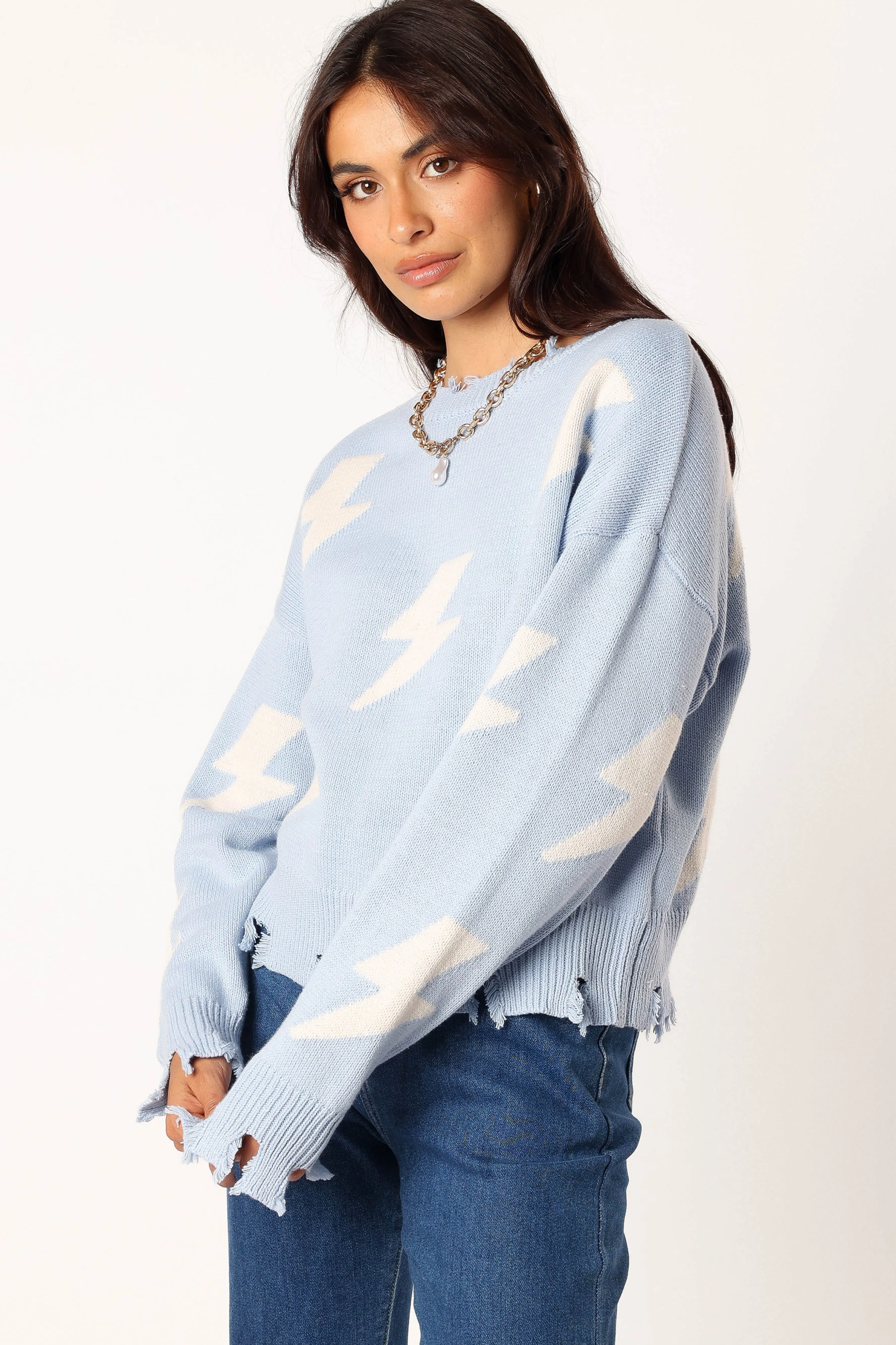 Petal & Pup Lightning Bolt Printed Fray Detail Knit Sweater - Light Blue LightBlue Sale