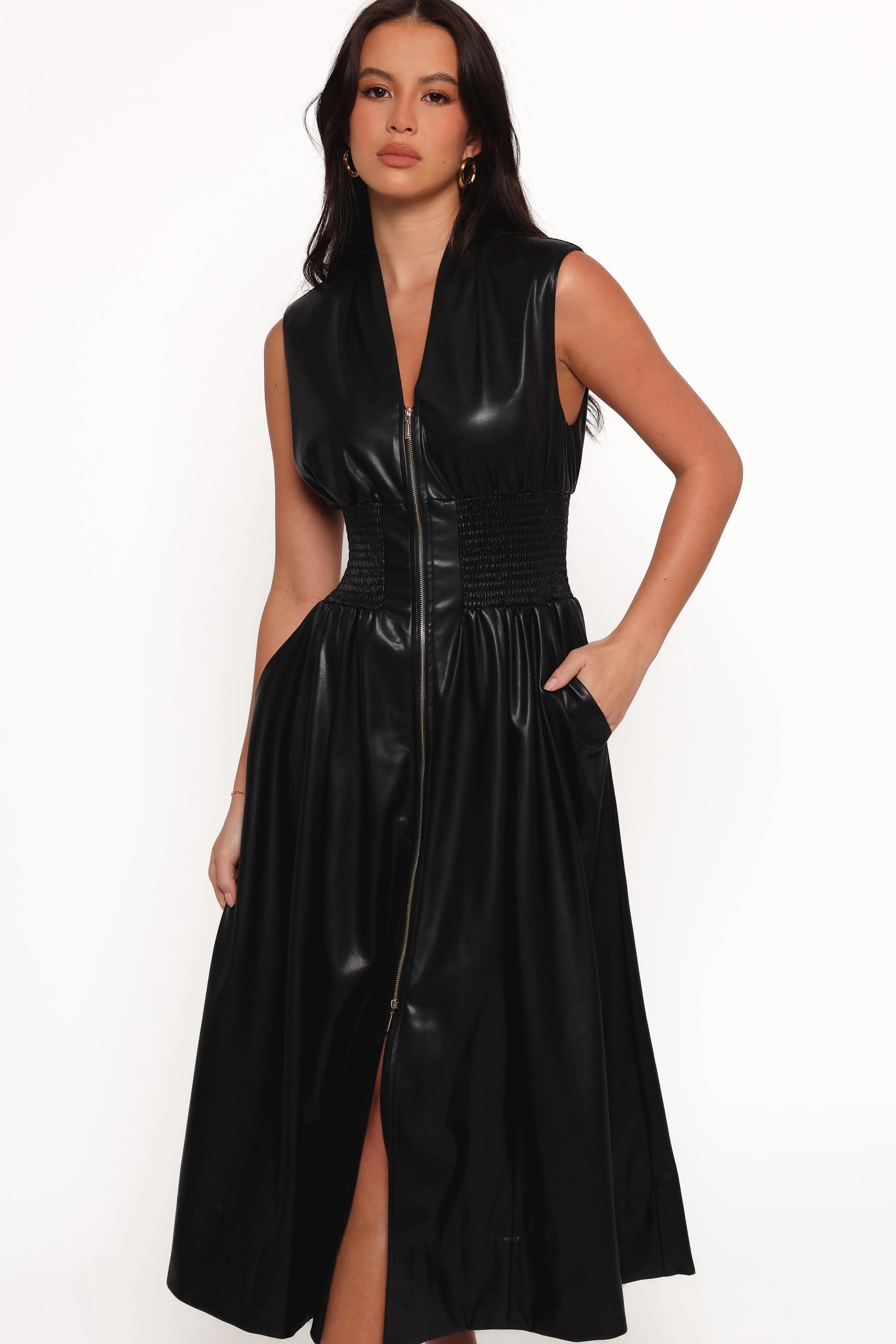 Petal & Pup Lizzi Faux Leather Midi Dress - Black Clearance