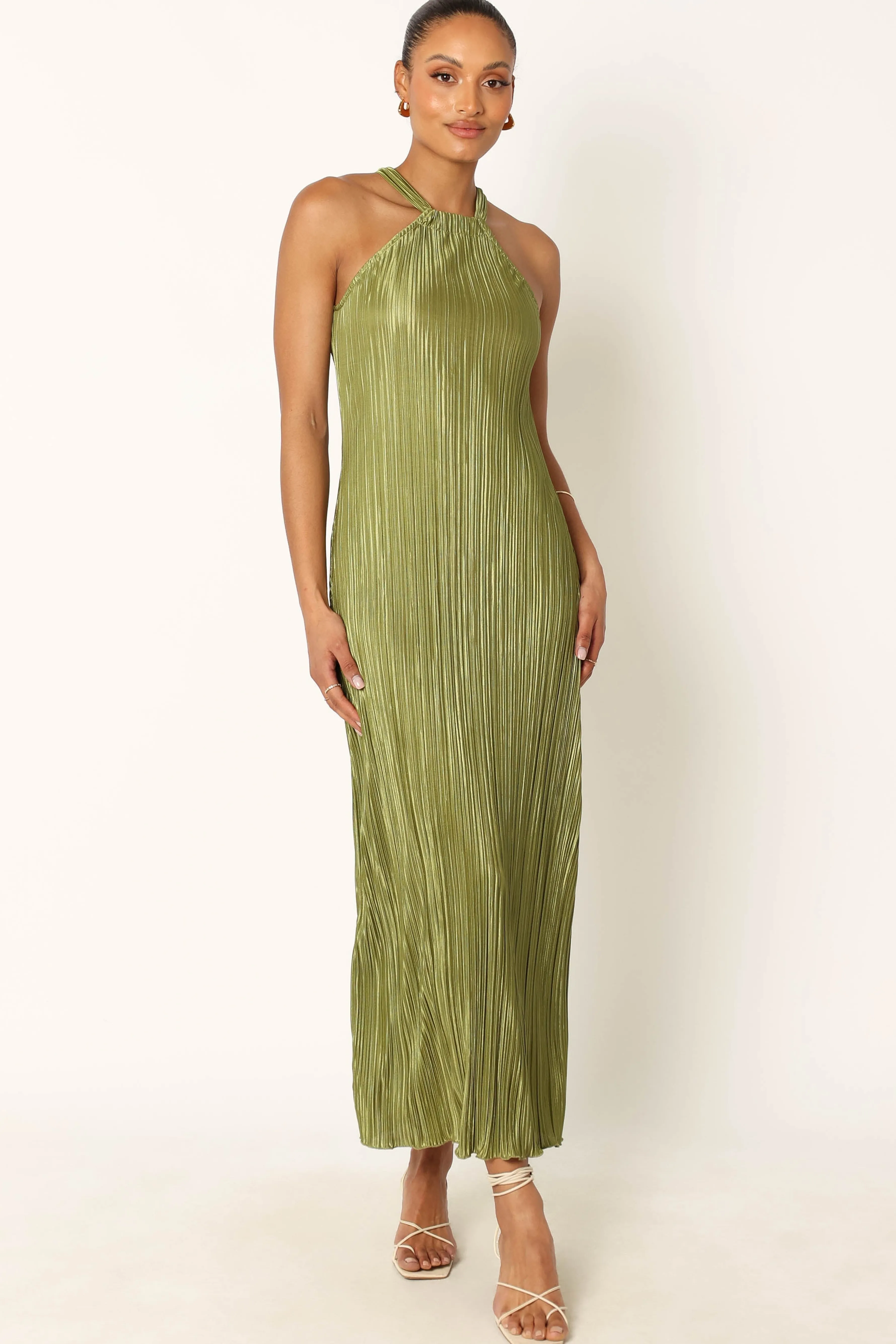 Petal & Pup Melody Plisse Halter Maxi Dress - Olive Best Sale