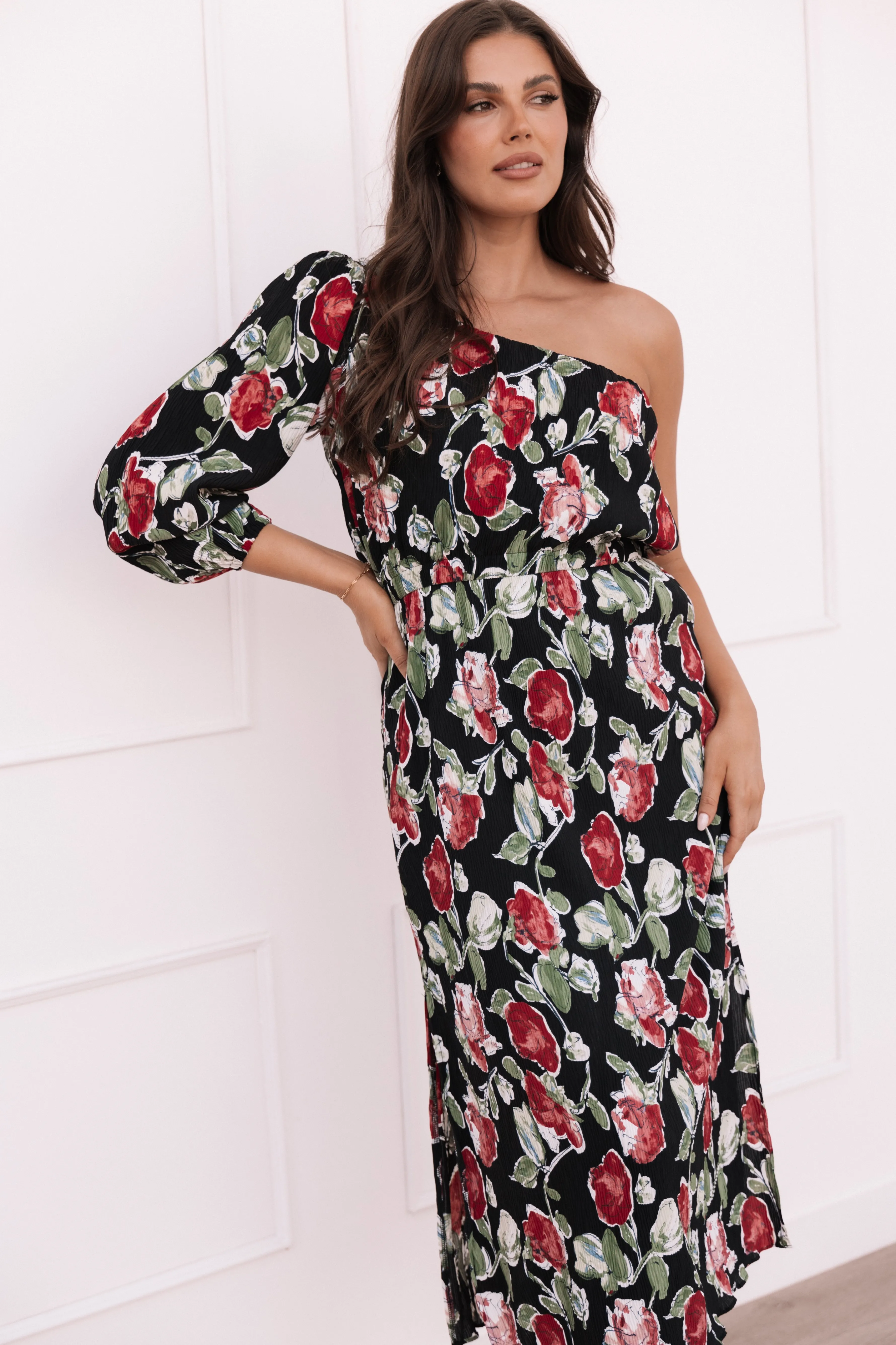 Petal & Pup Pontee One Shoulder Pleated Midi Dress - Black Rose Print BlackRosePrint New