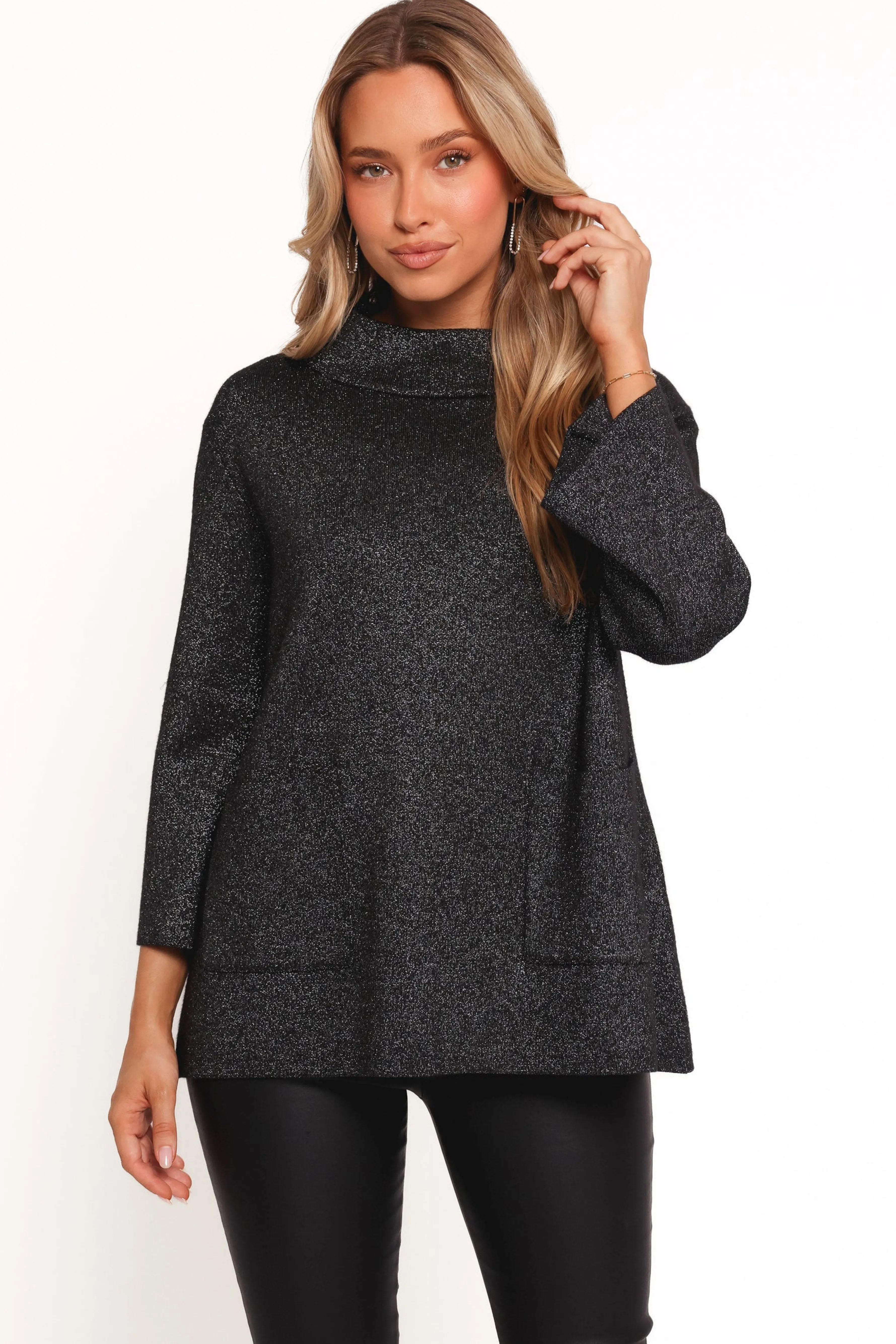 Petal & Pup Tassie Cowlneck Lurex Shimmer Knit Sweater - Black Shop