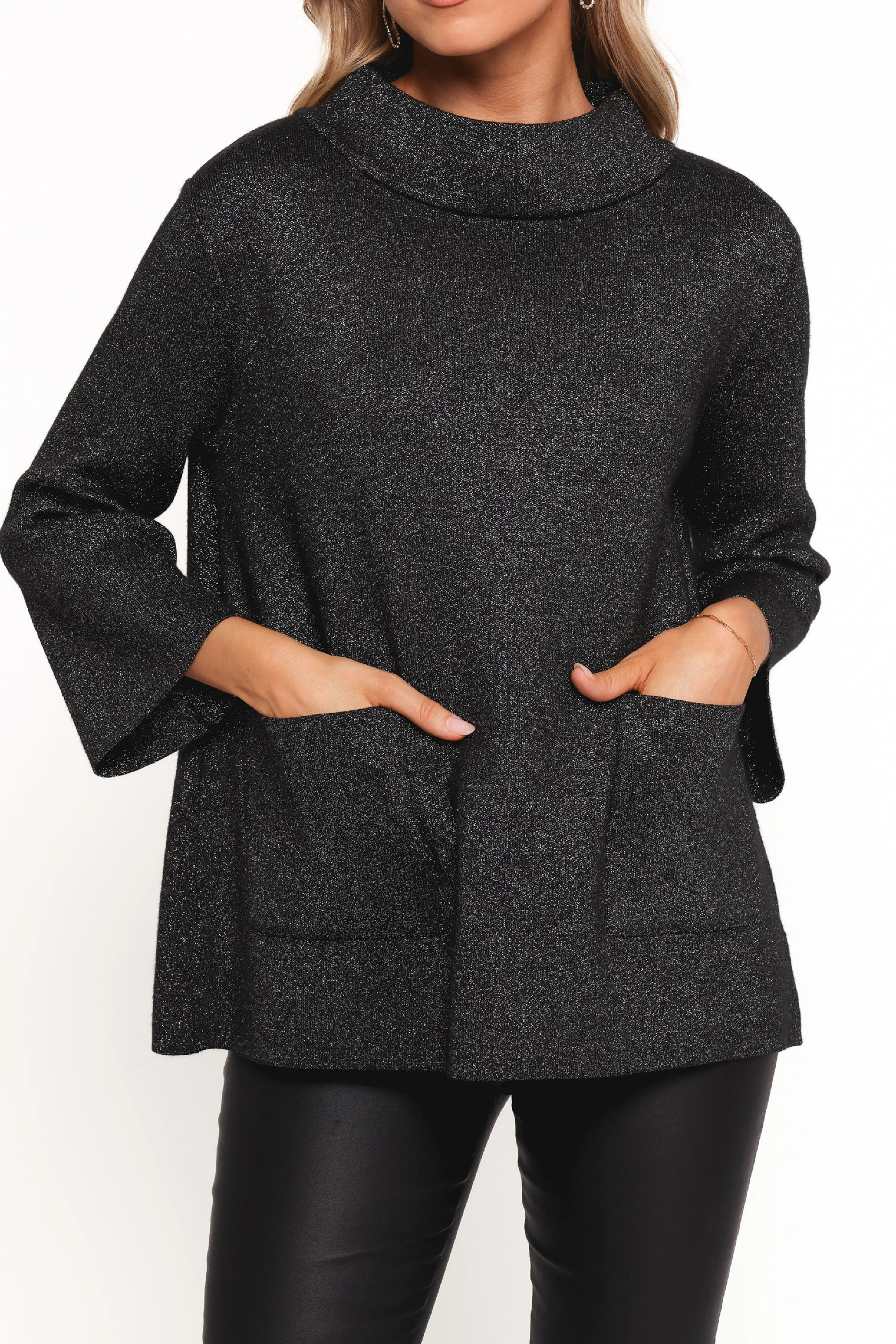 Petal & Pup Tassie Cowlneck Lurex Shimmer Knit Sweater - Black Shop