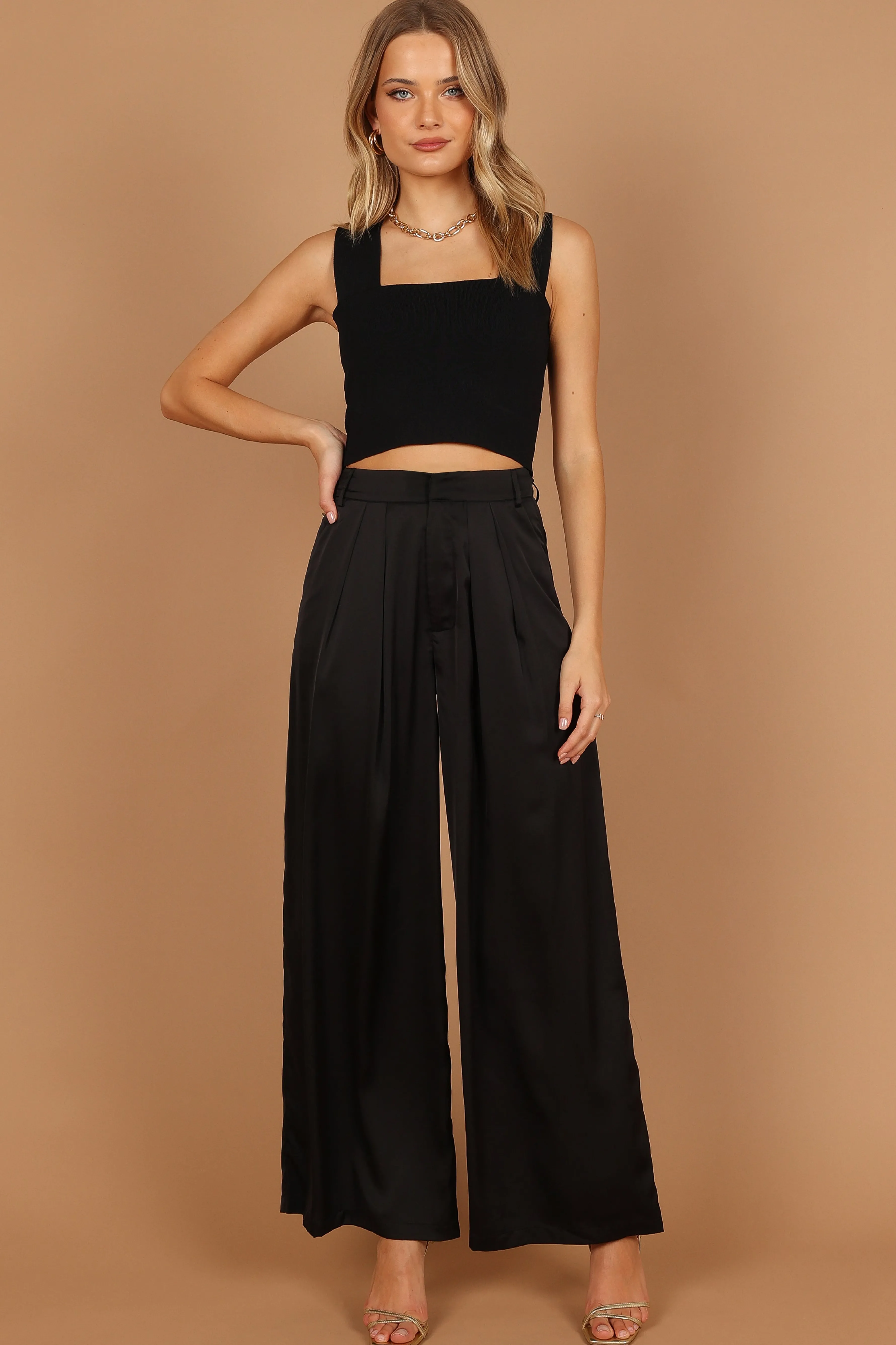 Petal & Pup Wellington Wide Leg Satin Pant - Black Cheap